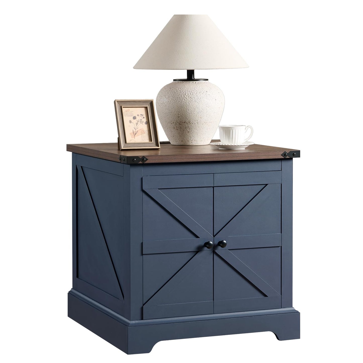 QUW 24" End Table with Charging Station, Bedside Table with Barn Door and Adjustable Shelves, Farmhouse Side Table, Nightstand for Bedroom, Living Room, Blue