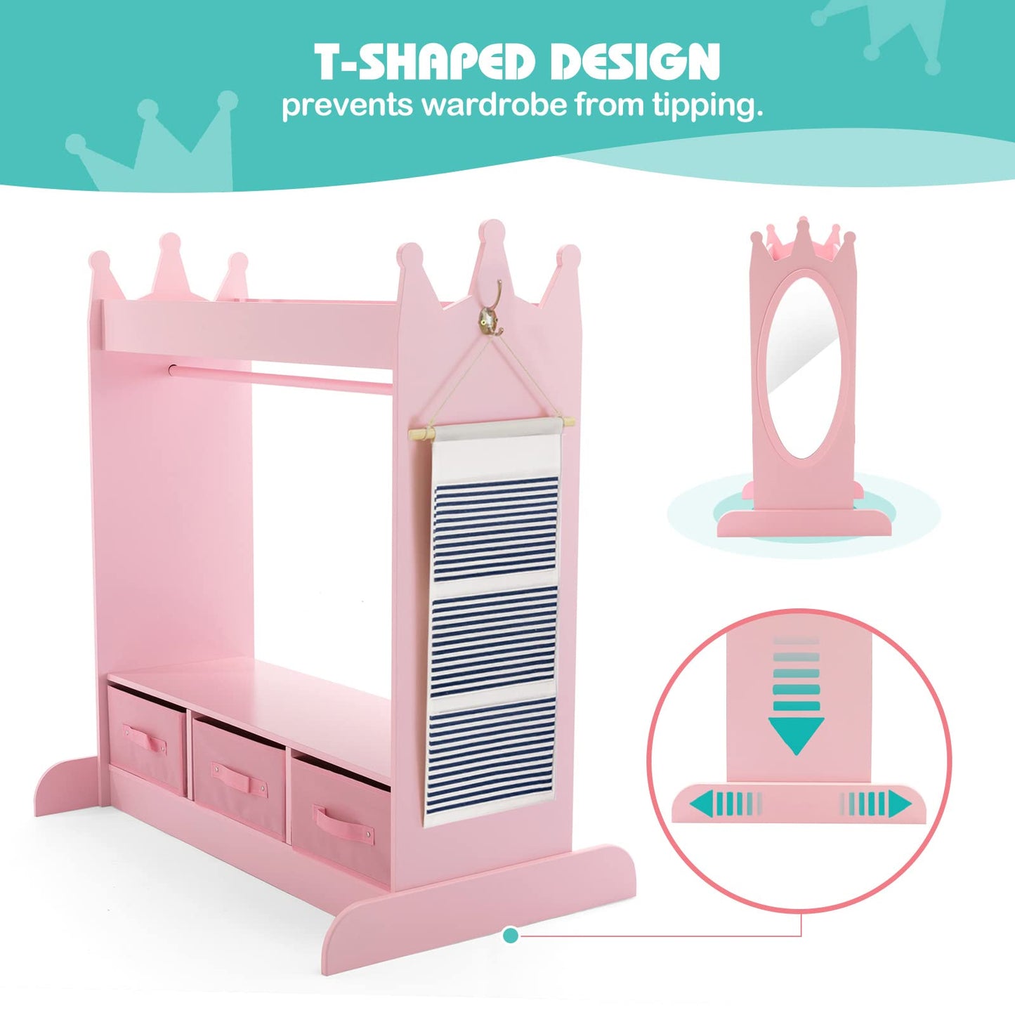 COSVALVE Kids Armoire Dress-Up Storage w/Mirror and Drawers,Dress up Closet,Costume Dress up Wardrobe, Pretend Storage Closet w/Side Pocket Top Shelf for Shoes,Lovely Pink for Girls Room