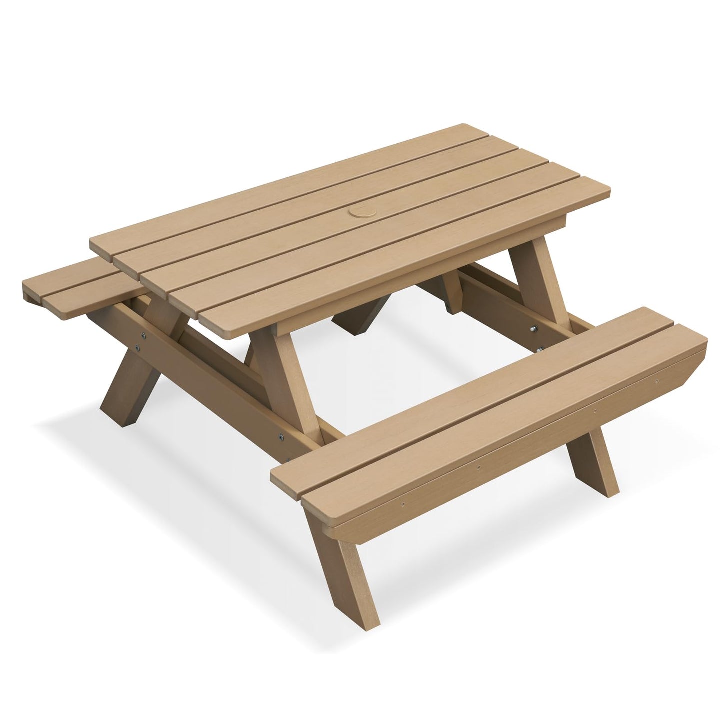Psilvam Picnic Table - Heavy Duty Poly Lumber with Umbrella Hole & Integrated Benches, 100% Waterproof All-Weather for Patio, Garden (Teak Color)