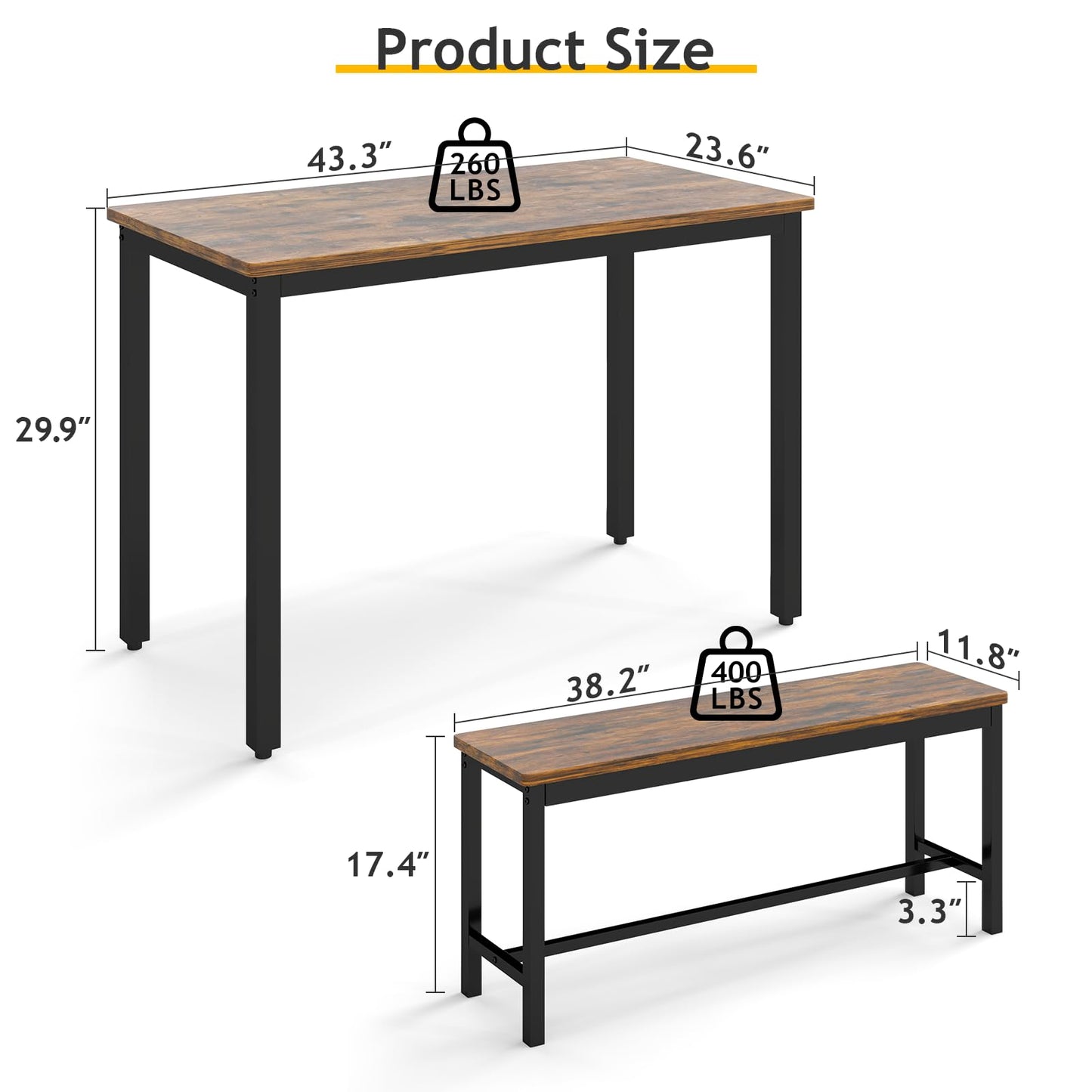 Rovibek 43" Dining Table Set for 4, Modern Space Saving Kitchen Breakfast Table with Benches & Adjustable Feet, Wooden Industrial Style Farmhouse, Brown