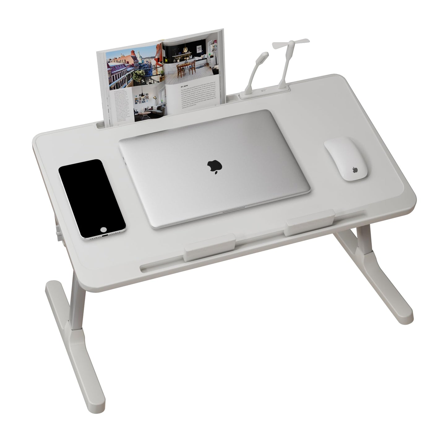 INHABIT UNION Laptop Desk for Bed with Drawer,Folding Lap Desk with Adjustable Heights and Angles, for Working Reading Writing,Bed Sofa Couch Laptop Table with USB Light Fan 23.6in (White)