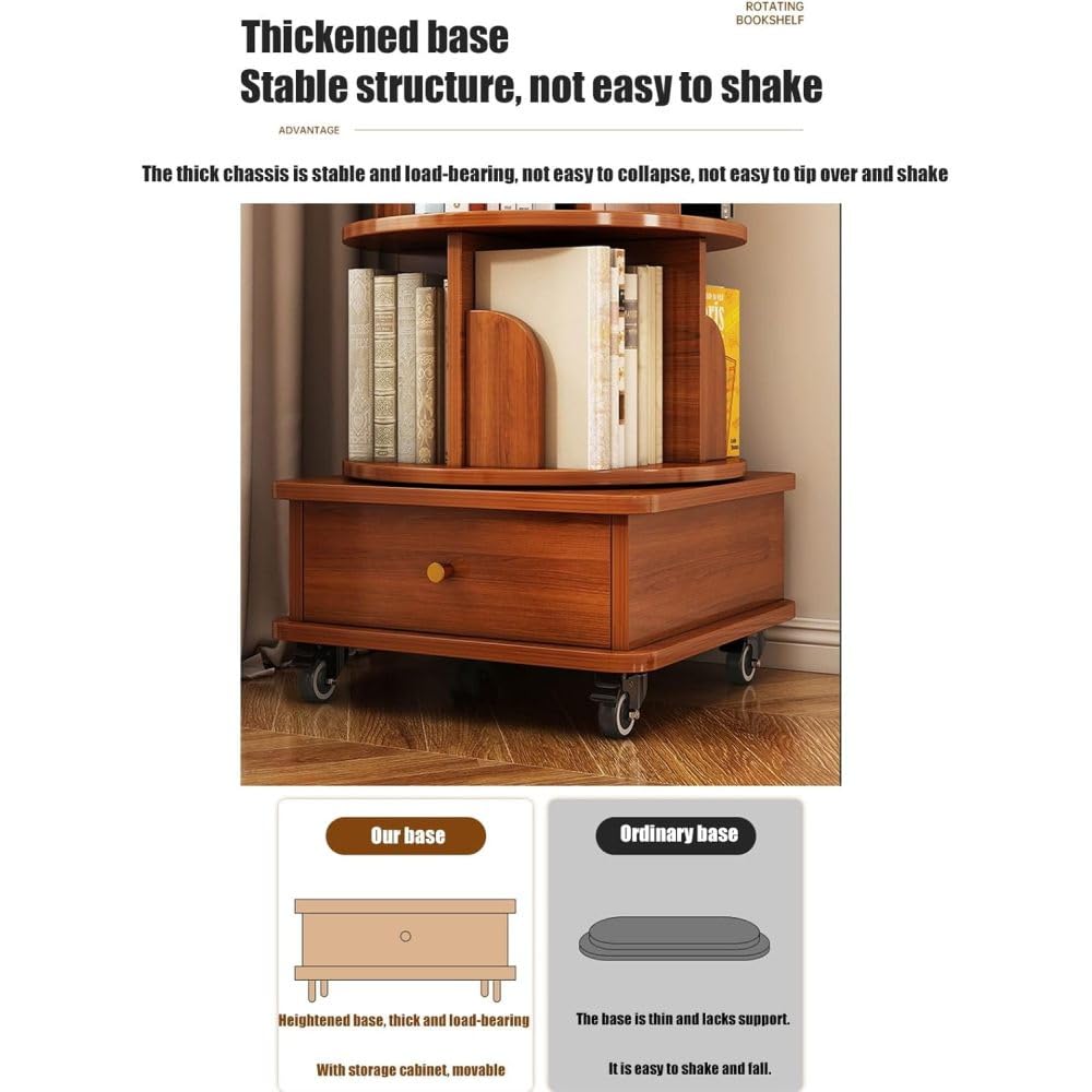 Hayiodda Modern 6 Tier Rotating Bookshelf with Drawer and Wheels, 360° Spinning Tall Bookshelf for Small Spaces, Slim Spining Bookcase for Bedroom, Living Room, Office, Walnut (6 Tier)