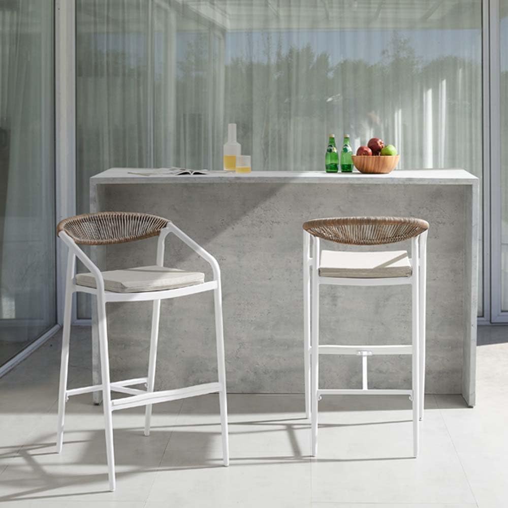 RICNOD Modern Outdoor Bar Stools Set of 2, White Aluminum Frame with Wicker Back, Cushioned Patio Seating