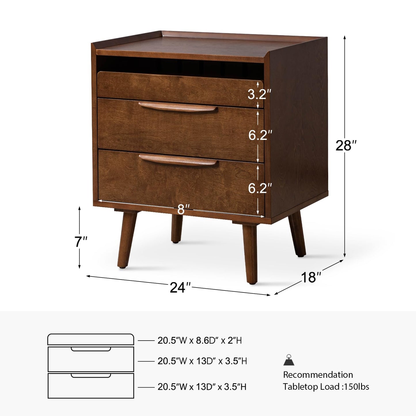 HULALA HOME 2 Drawer Nightstand with Charging Station, Mid-Century Modern Bedside Tables with Wood Legs, Wood Night Stand with Pull-Out Shelf, Walnut