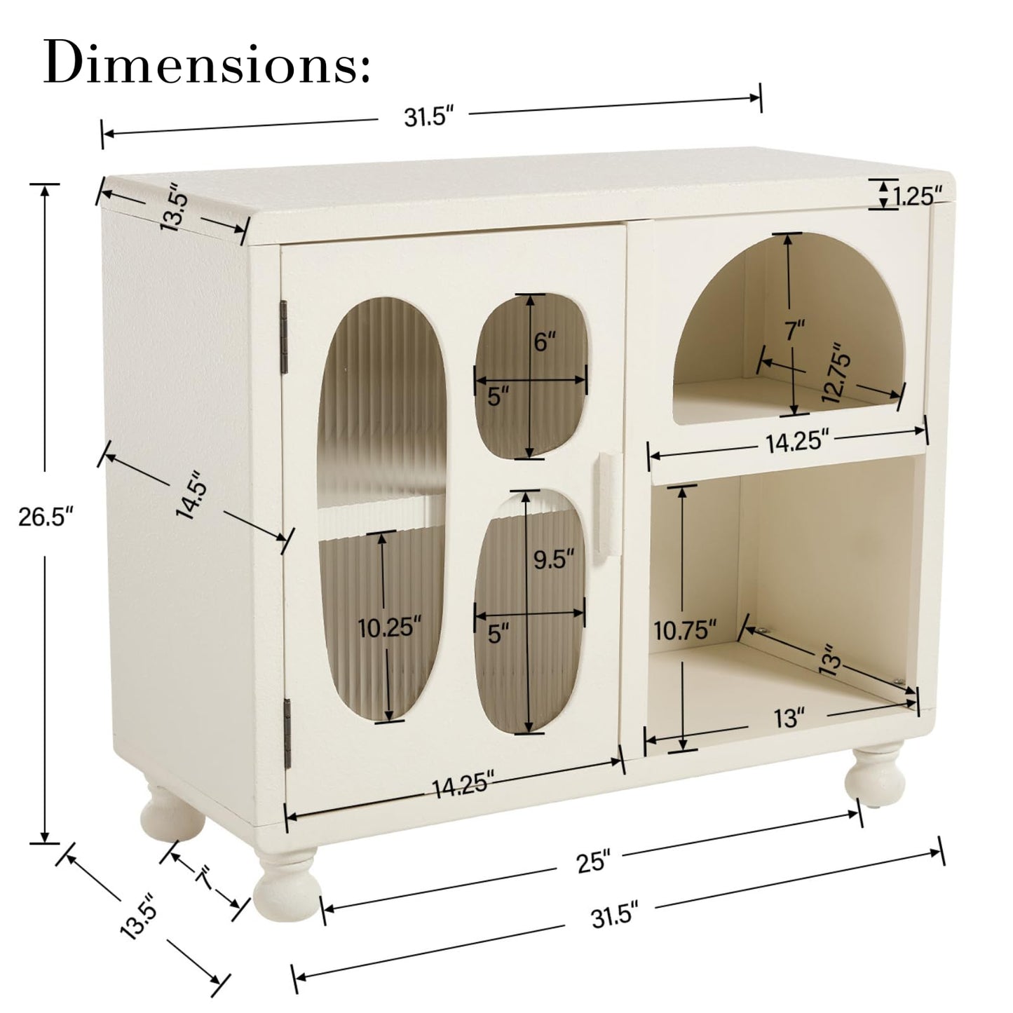 DUOMAY Hollow Display Cabinet with Glass Doors, 31.5" Wide Shallow Sideboard with Irregular Door & 1 Shelve Accent Wood Buffet Cabinet with Storage for Hallway Small Spaces, White