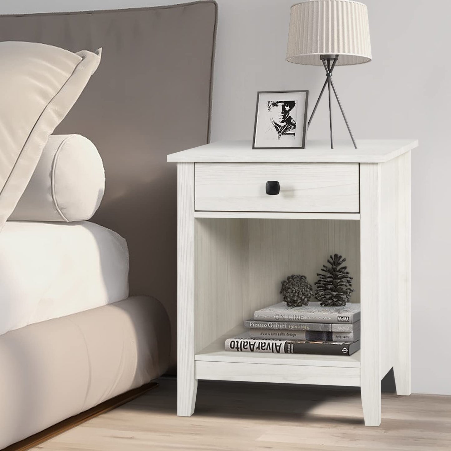LTMEUTY Wood Nightstand Set - Set of 2 White Nightstands with Drawers for Bedroom Bedside Table, Tall Night Stand with One Drawer & Open Cabinet