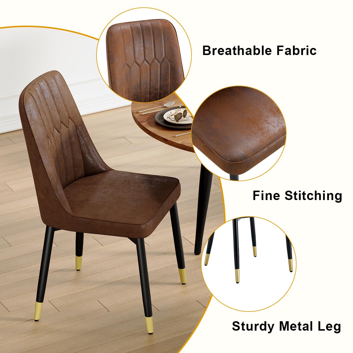 Round Dining Table Set for 4, 42"-54" Extendable Dining Table Set for 4, 0.73" Thick Wood Tabletop with Smooth Edge, Black Metal Leg with Non-slip Footmat, 4 Soft PU Chairs, Small Space, Easy Assembly