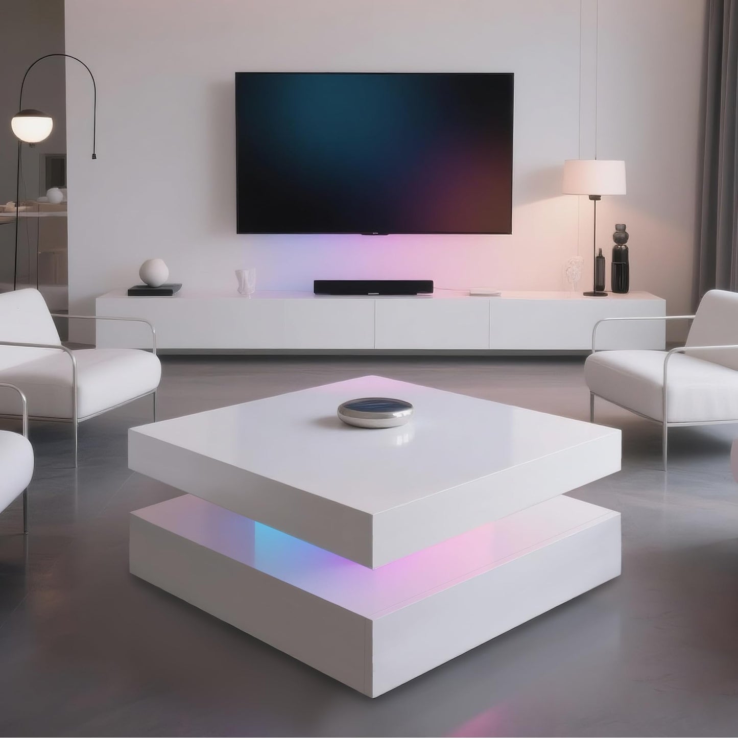 LED Coffee Table for Living Room, 2-Tier Modern Square Center Table with Music Sync Lights, High Gloss Surface, 30.75" x 30.75" (White)