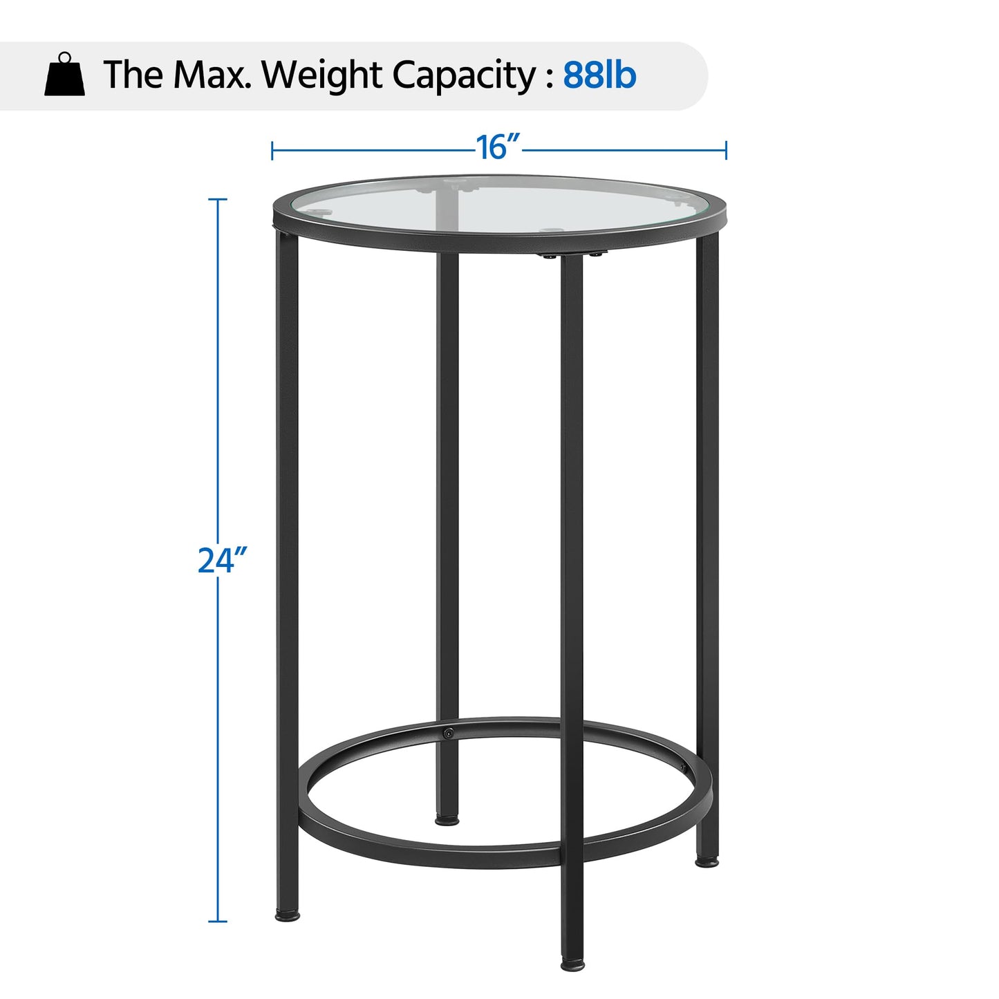 Yaheetech Black Glass End Table Set of 2, Round Side Table Modern Style Tall End Table Accent Table with Glass Top & Metal Frame, 2pcs Glass Side Table for Living Room, Balcony, Bedroom