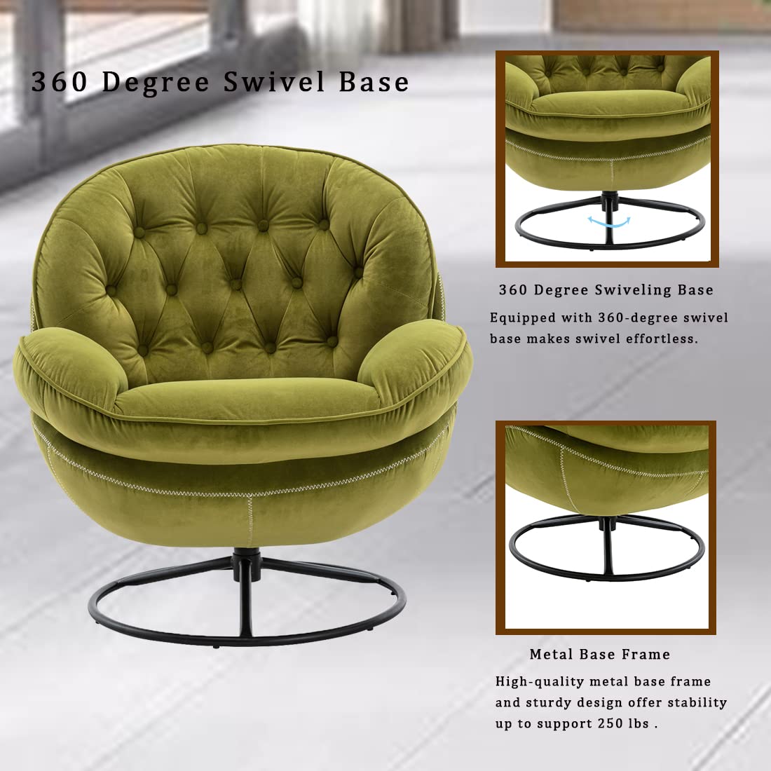 Baysitone Velvet Swivel Accent Chair with Ottoman Set, Modern Lounge Chair with Footrest, Comfy Armchair with 360 Degree Swiveling for Living Room, Bedroom, Reading Room, Home Office (Fruit Green)