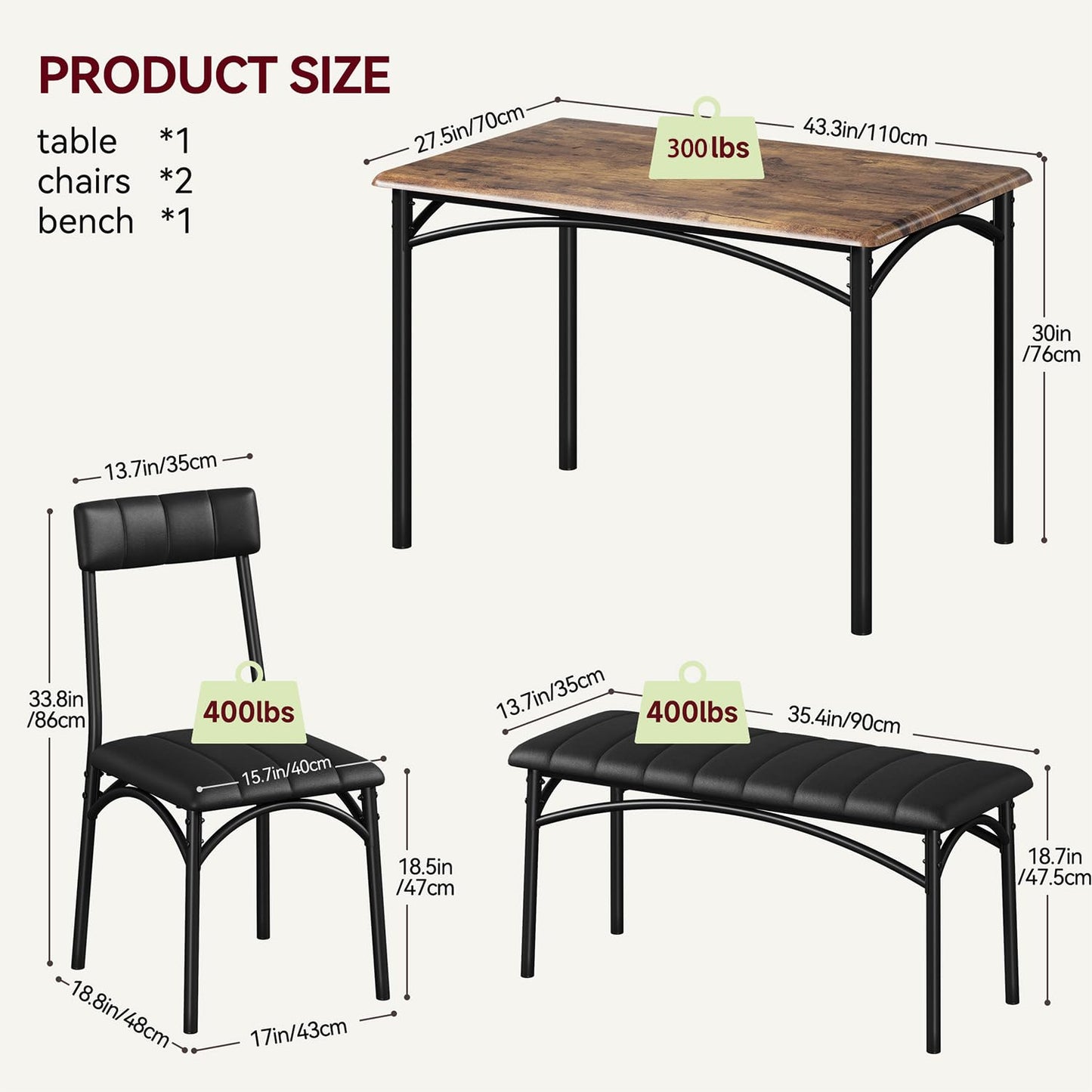 GarveeHome Dining Table Set for 4, Kitchen Table with Upholstered Chairs and Bench, Wood Rectangular Dining Table and Chairs Set for Small Space, Apartment, Dinner, Rustic Brown