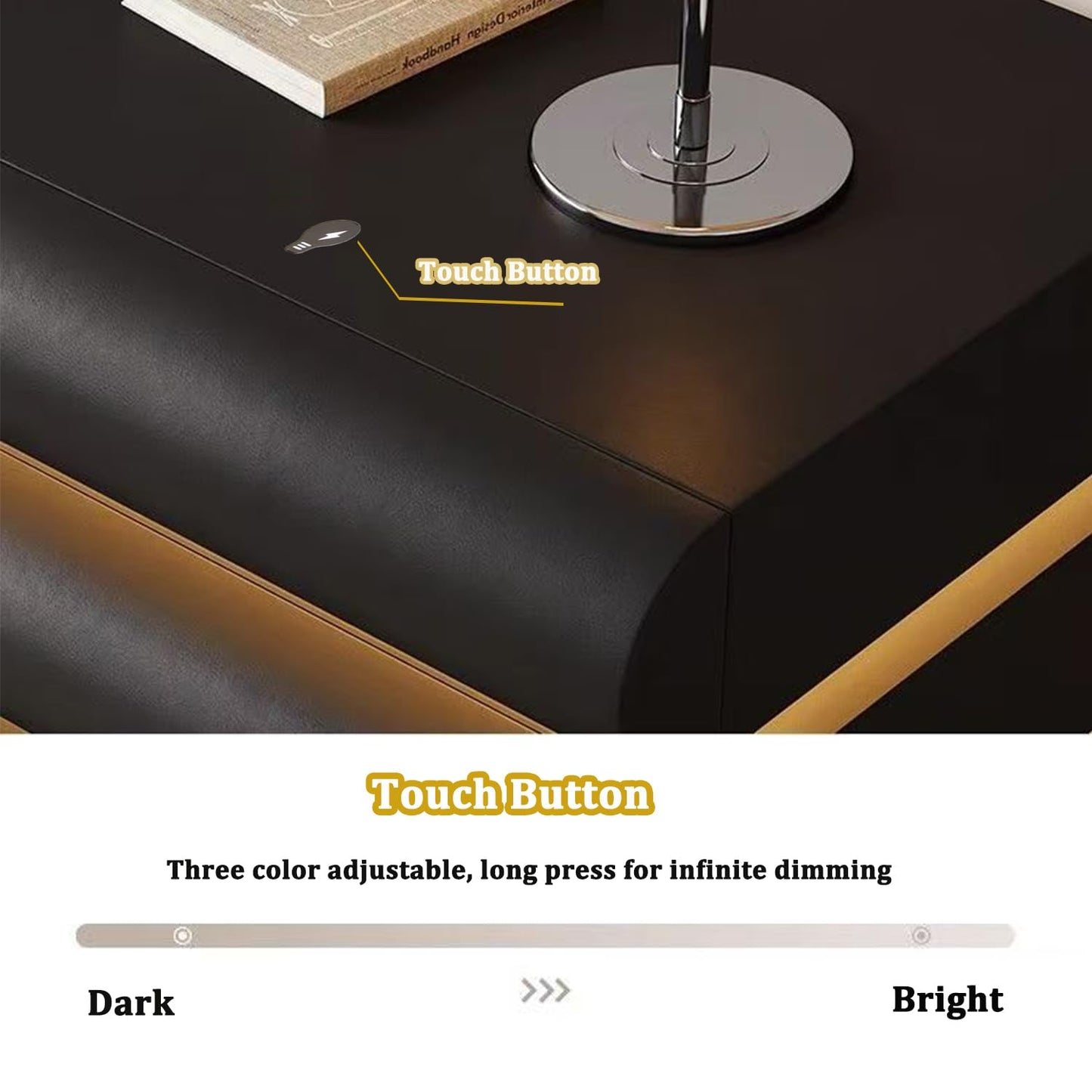 Night Stand with LED Light, Leather Nightstand, Modern Bedside Table with 3 Solid Wood Drawers, No Assembly Required(19.7''H) (Black)