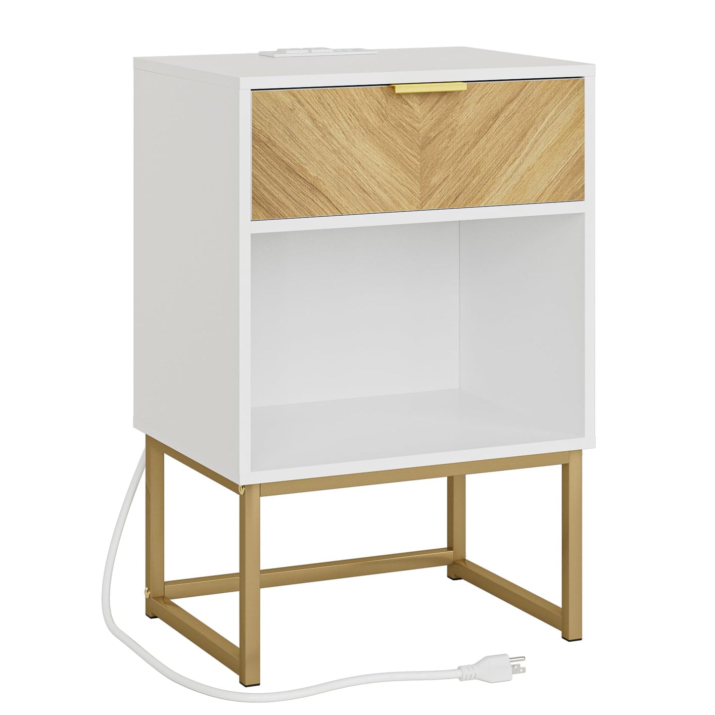 Acodaiuy Nightstand with Charging Station, Boho Night Stand with Drawer Wood Farmhouse Bedside Table with Storage, End Side Accent Table for Bedroom,Living Room,White