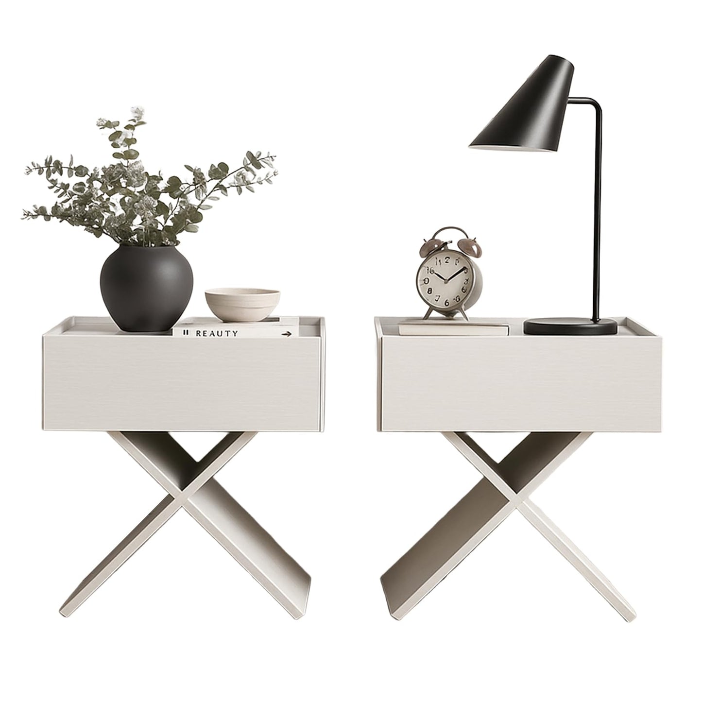 Katyglory Side Table, End Table Set of 2 Living Room Blend of Classic and Modern Elements, X-shape Design with a Stable Floor-standing, Creating a Warm Atmosphere, Nightstand for Bedroom WHITE (2 Set)