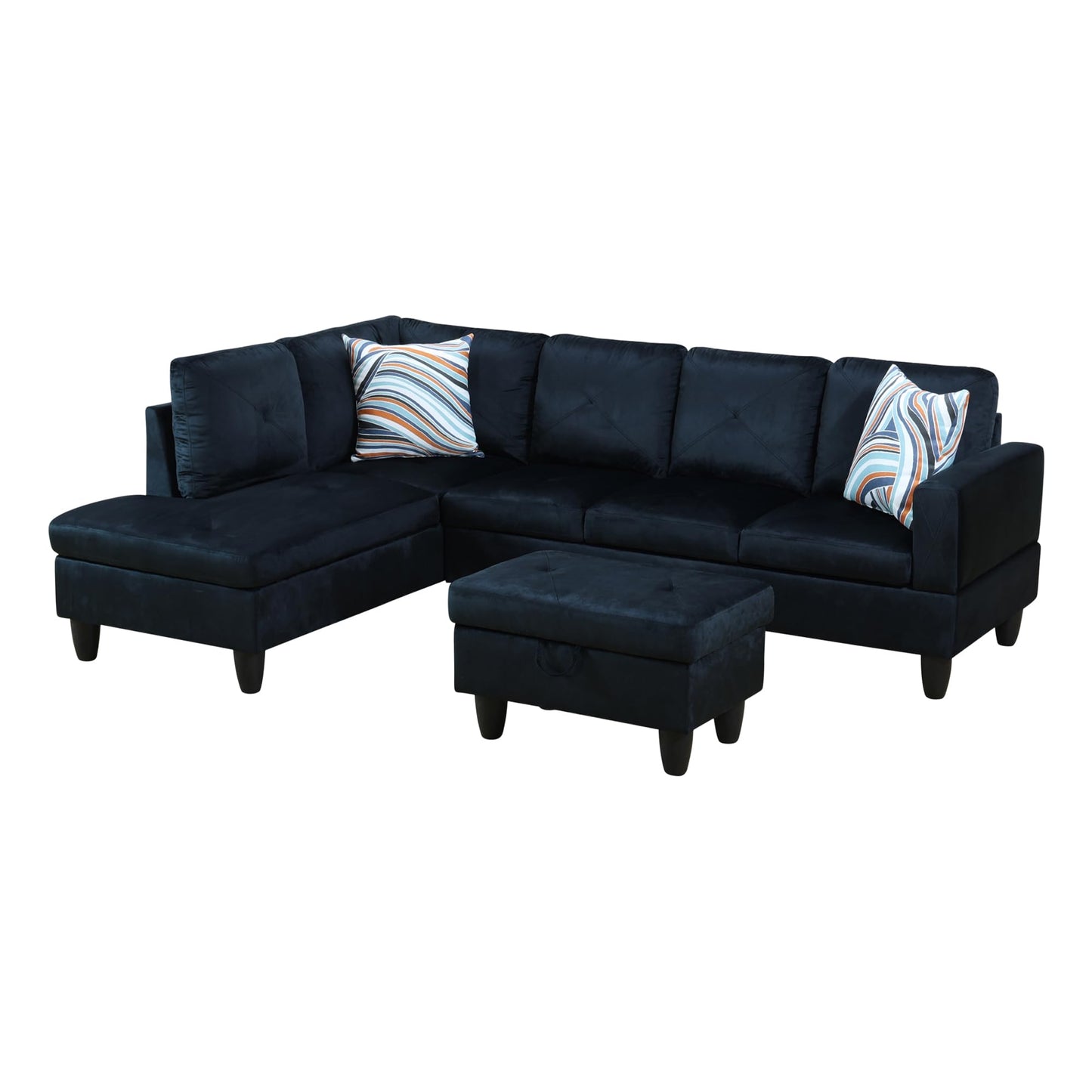 Osparple L Shaped Couch Sectional Couches for Living Room Upholstered Microfiber 3 Pieces Modular Sectional Sofa with Chaise, Ottoman with Storage for Small Apartment, Midnight Blue