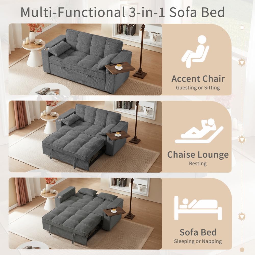 oaaktu ﻿ Large Size Convertible Sleeper Sofa Bed,Polka dot Velvet Pull Out Futon Couch with Storage handrails & Rotating Side Tables,Convertible Sofa Couch for Living Room,RV (Dark Grey)