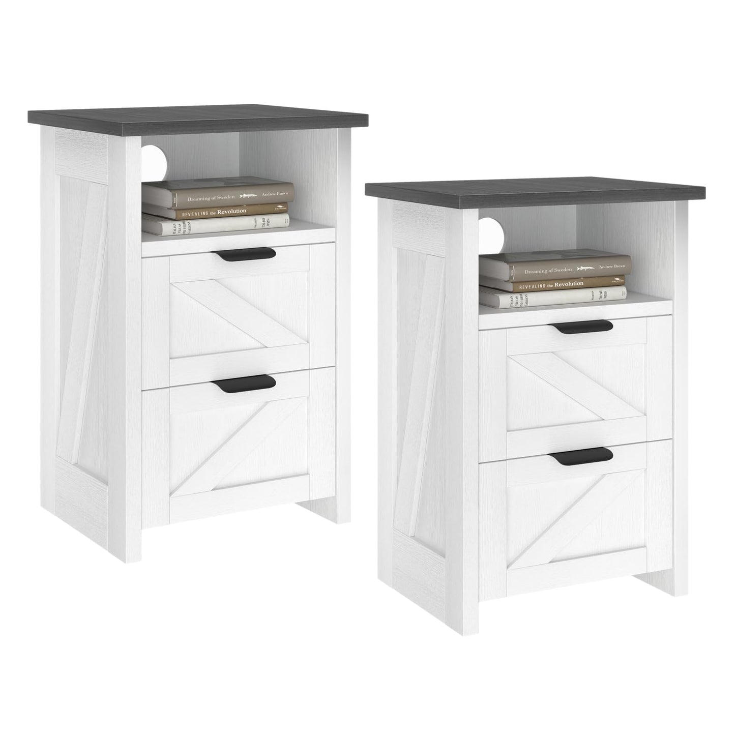 AURINEST Farmhouse Night Stand Set of 2, Bed Side Table with 2 Drawers and Storage Shelf, Rustic White End Table for Bedroom, Living, Entryway, Office, Dorm, Small Spaces, White