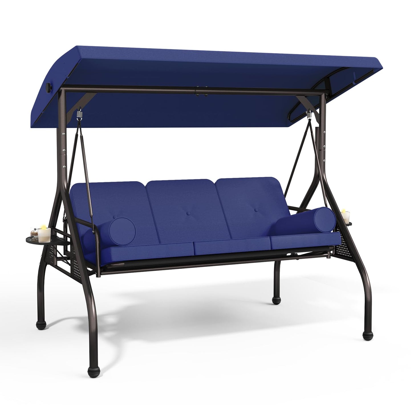 Betterland 3-Seat Patio Swing Chair, Outdoor Porch Swing with Cushions,Pillows & Cup Holders, Adjustable Canopy Outside Bench Swing for Porch，Backyard,Garden(Blue)