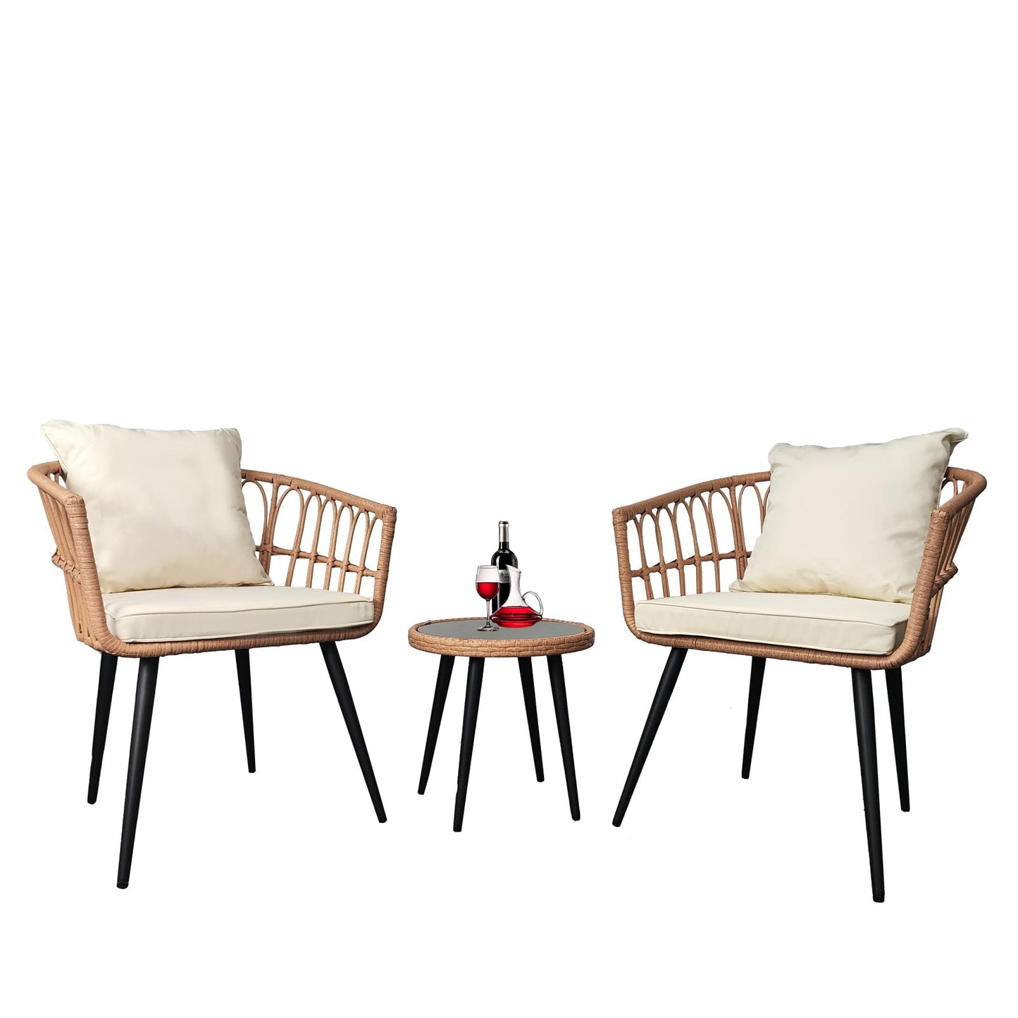 YINRUIN 3 Piece Patio Bistro Set,Outdoor Rattan Furniture,All-Weather Patio Furniture Set with 2 Chairs and 1 Glass Table for Balcony, Porch, Backyard (Beige)