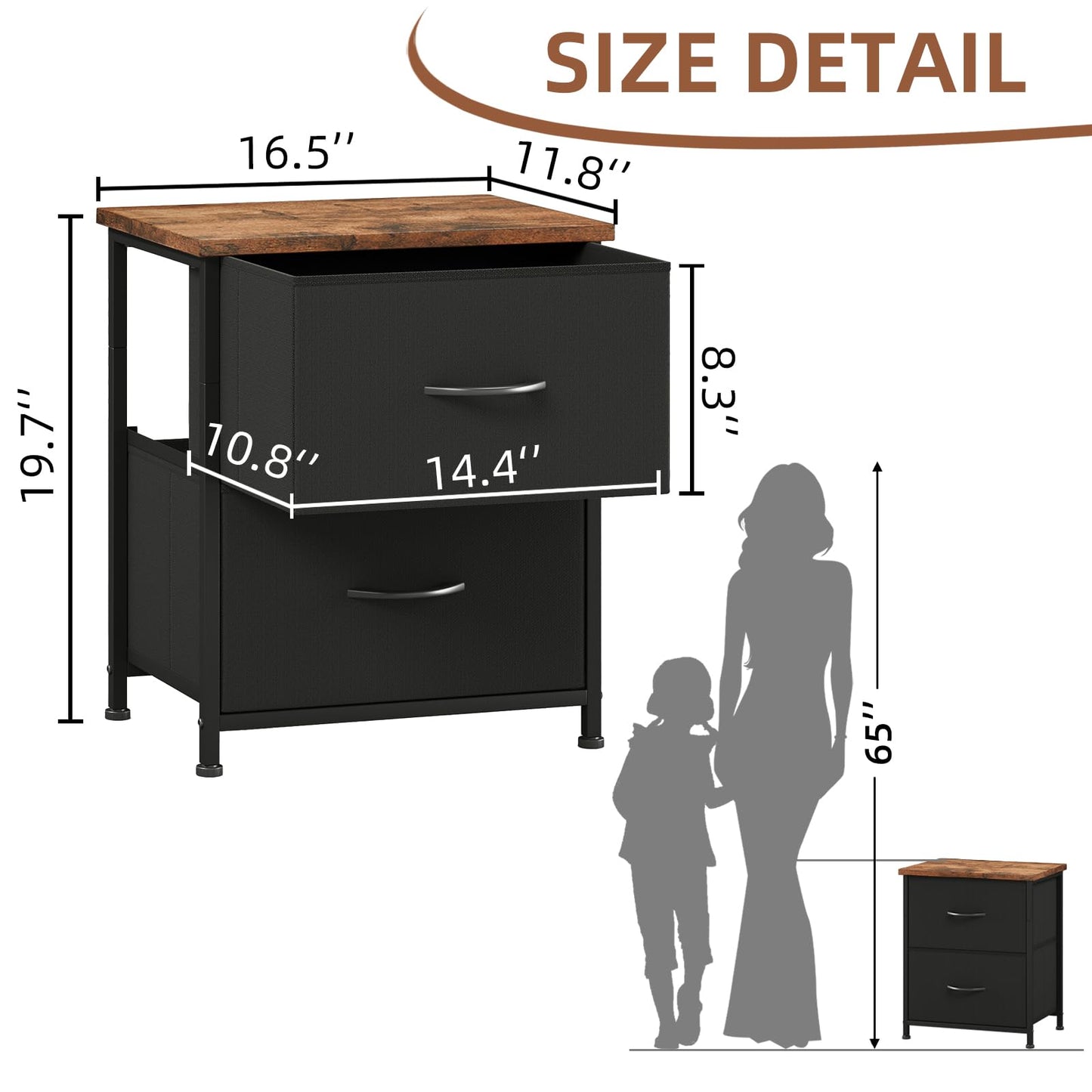 Somdot Black Nightstand, Small Dresser for Bedroom with 2 Drawers, Bedside Table Night Stand End Table with Fabric Bins for Bedroom Kids Closet Dorm Guest Room, Black Rustic Brown