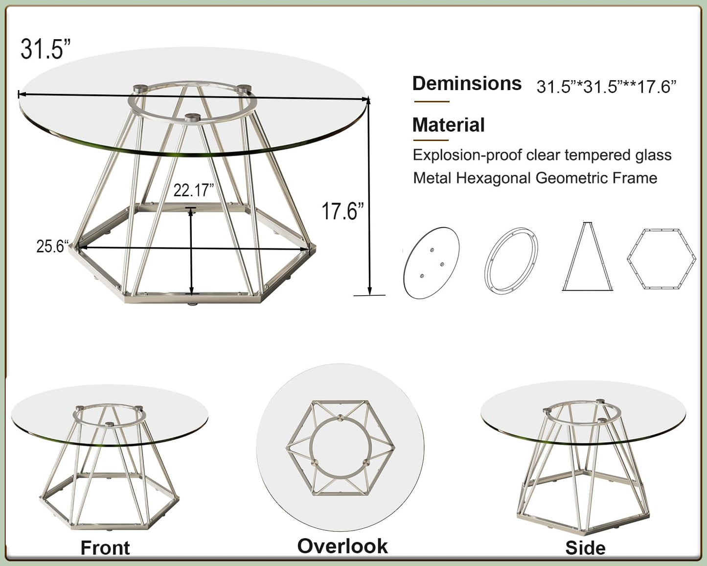 LVB 31.5” Round Glass Coffee Table, Modern Living Room Table with Hexagonal Silver Metal Frame, Small Contemporary Center Table for Bedroom, Office，31.5Inch