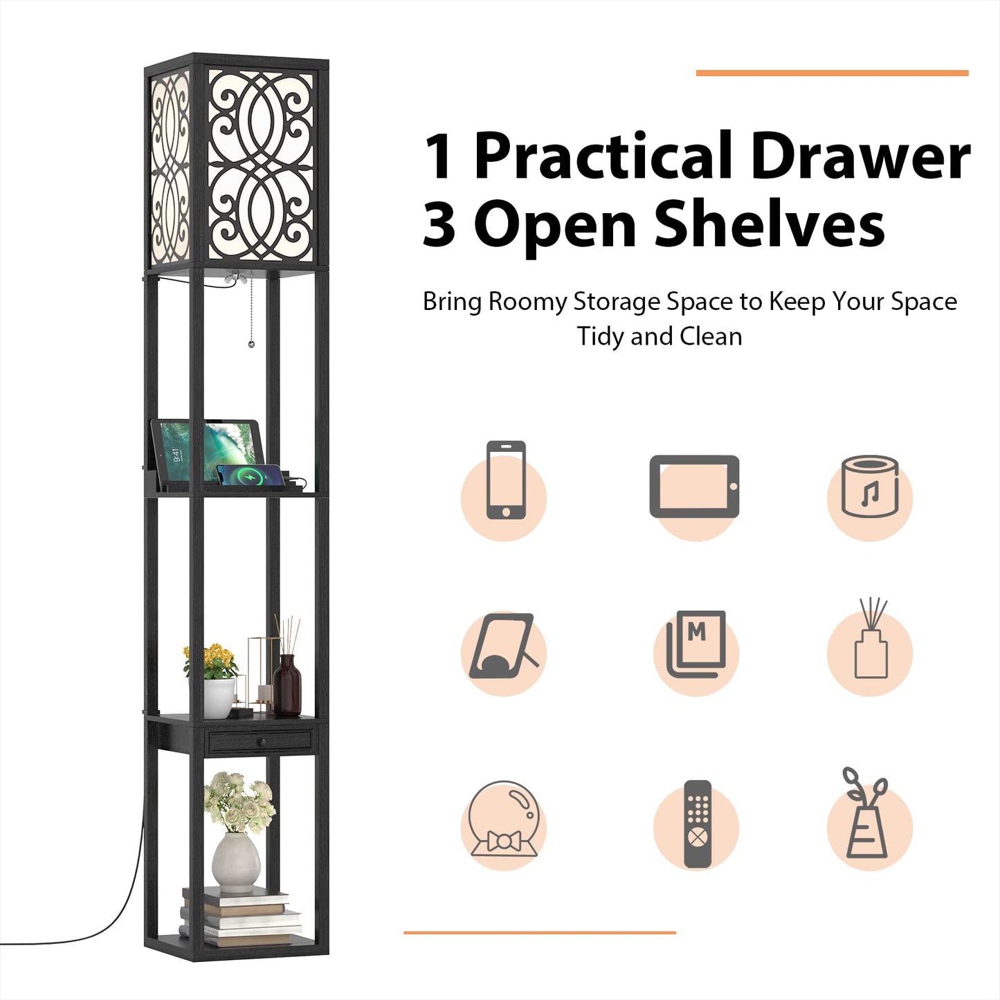 Carved Floor Lamp with 3 Shelves, Tall Standing Light for Bedroom & Living Room, 2 USB Charging Ports Drawer Storage, Stylish Wooden Reading Home Office