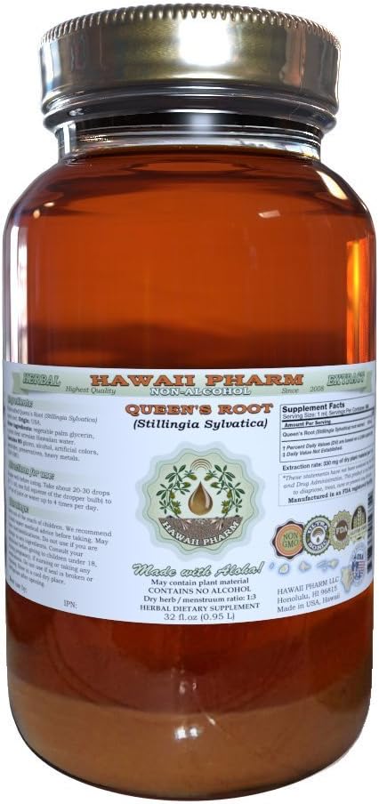 Queen's Root Alcohol-Free Liquid Extract, Queen's Root (Stillingia Sylvatica) Dried Root Glycerite Natural Herbal Supplement, Hawaii Pharm, USA 32 fl.oz
