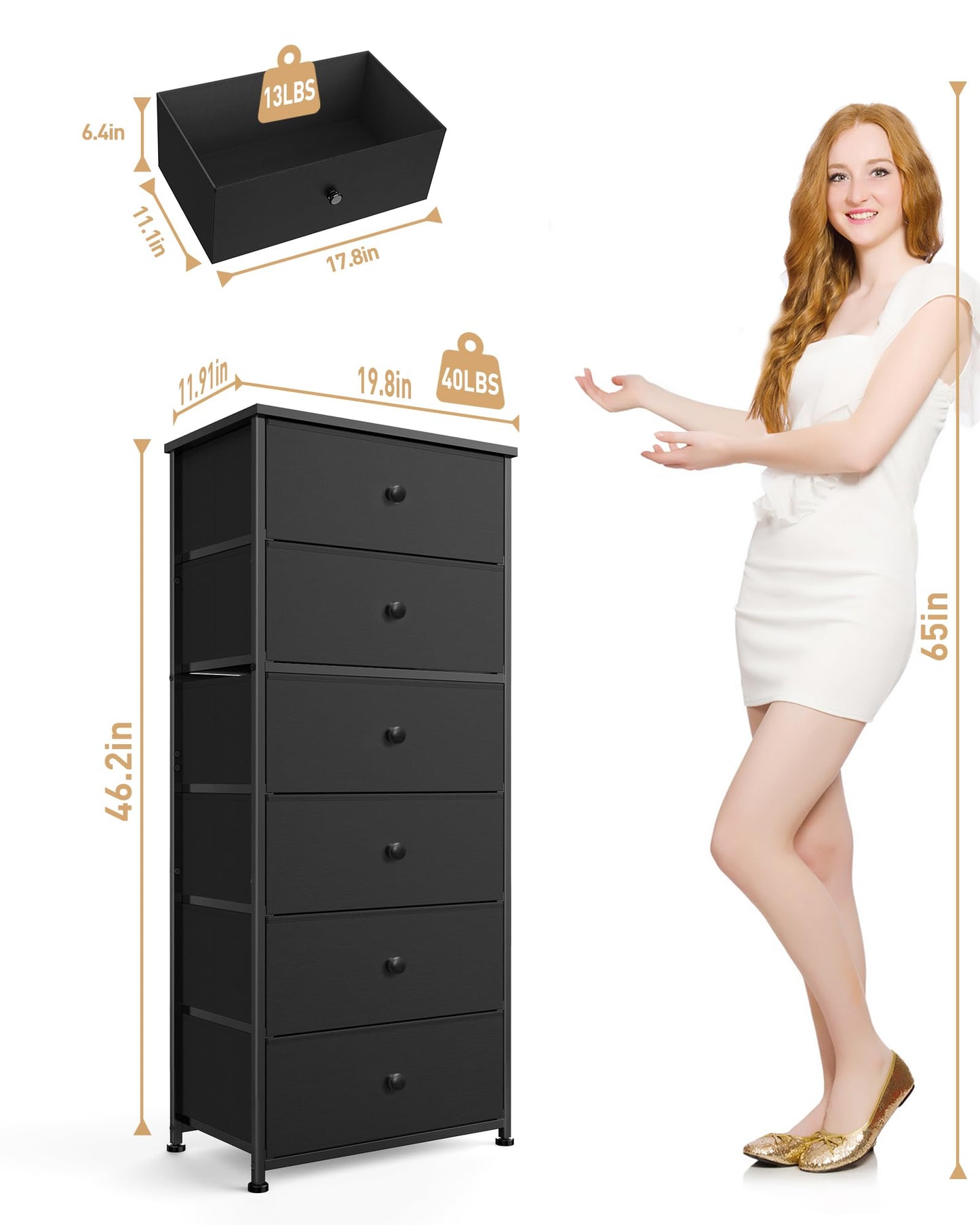 Tall Fabric Dresser for Bedroom, Vertical Storage Organizer Tower with 6 Drawers, Chest of Drawers with Bins, Steel Frame, Wood Top for Bedroom, Closet, Entryway Black