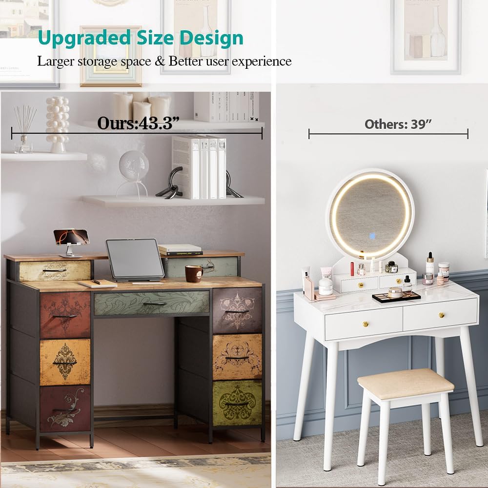 VASICAR Dresser for Bedroom with 9 Drawers & 2 Open Shelves, Fabric Storage Cabinet, Chest of Drawers, Long Dresser for Closet, Wooden Top & Metal Frame, Pattern