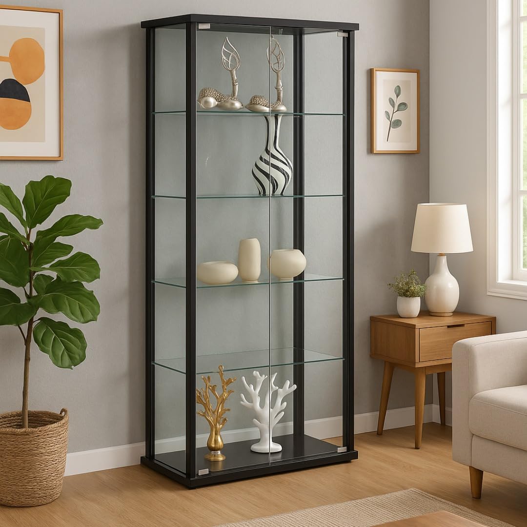 CARTESIAN Glass Display Case - Modern Curio Cabinets with Glass Doors & Five Shelves, 64.25'' Tall, Black Frame, Curio Display Cabinet for Collectibles, Living Room, Dining Room, or Office