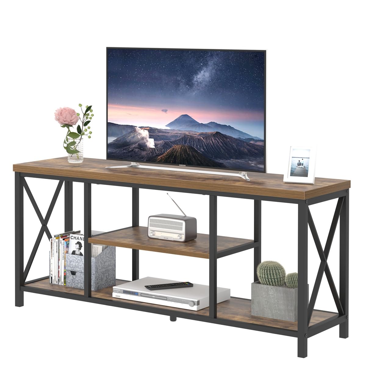 EXCEFUR 55 Inch TV Stand for Televisions up to 65 Inch, Modern Entertainment Center with Storage Shelves, Industrial Media TV Console for Living Room, Bedroom, Rustic Brown