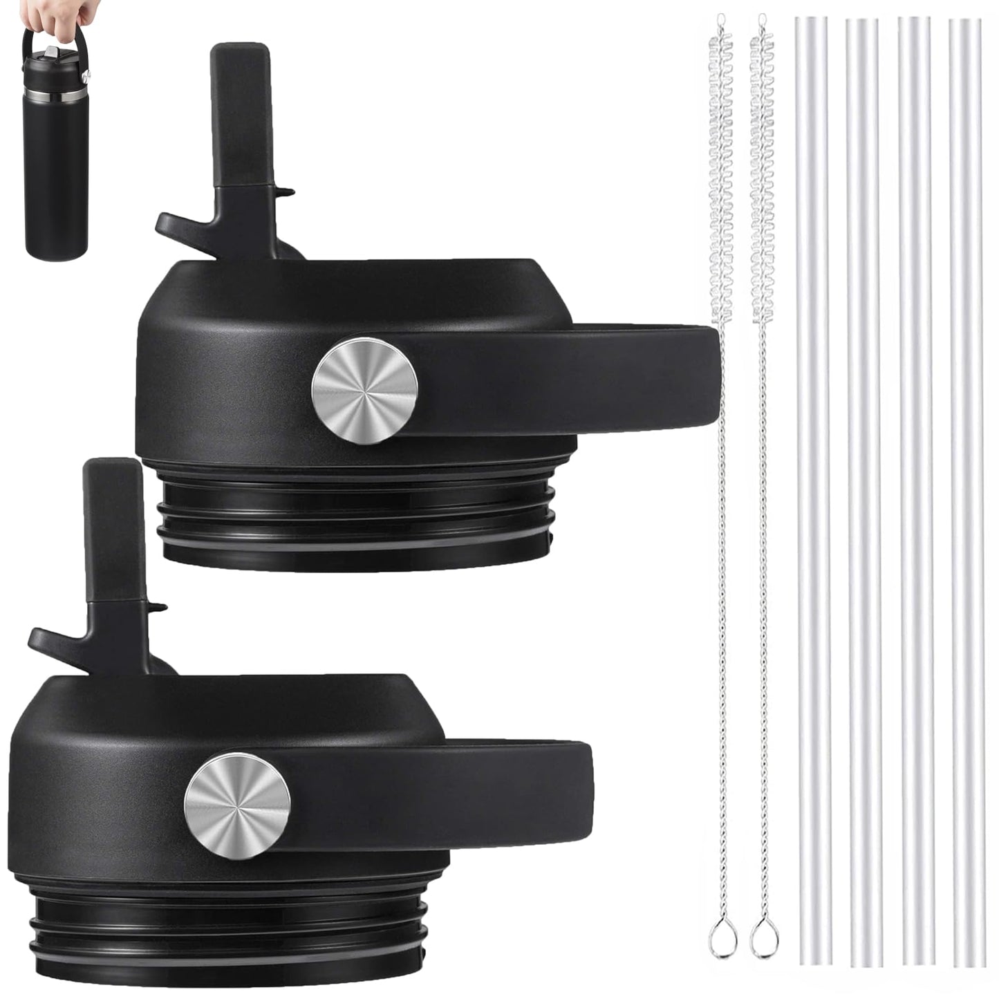 Straw lid for Yeti Rambler 18 26 36 64 oz, Lid with Straws and Flexible Handle, Replacement Cap for Yeti 18oz 26oz 36oz 64oz Rambler Water Bottle Straw Cap (Black - 2 Pack)