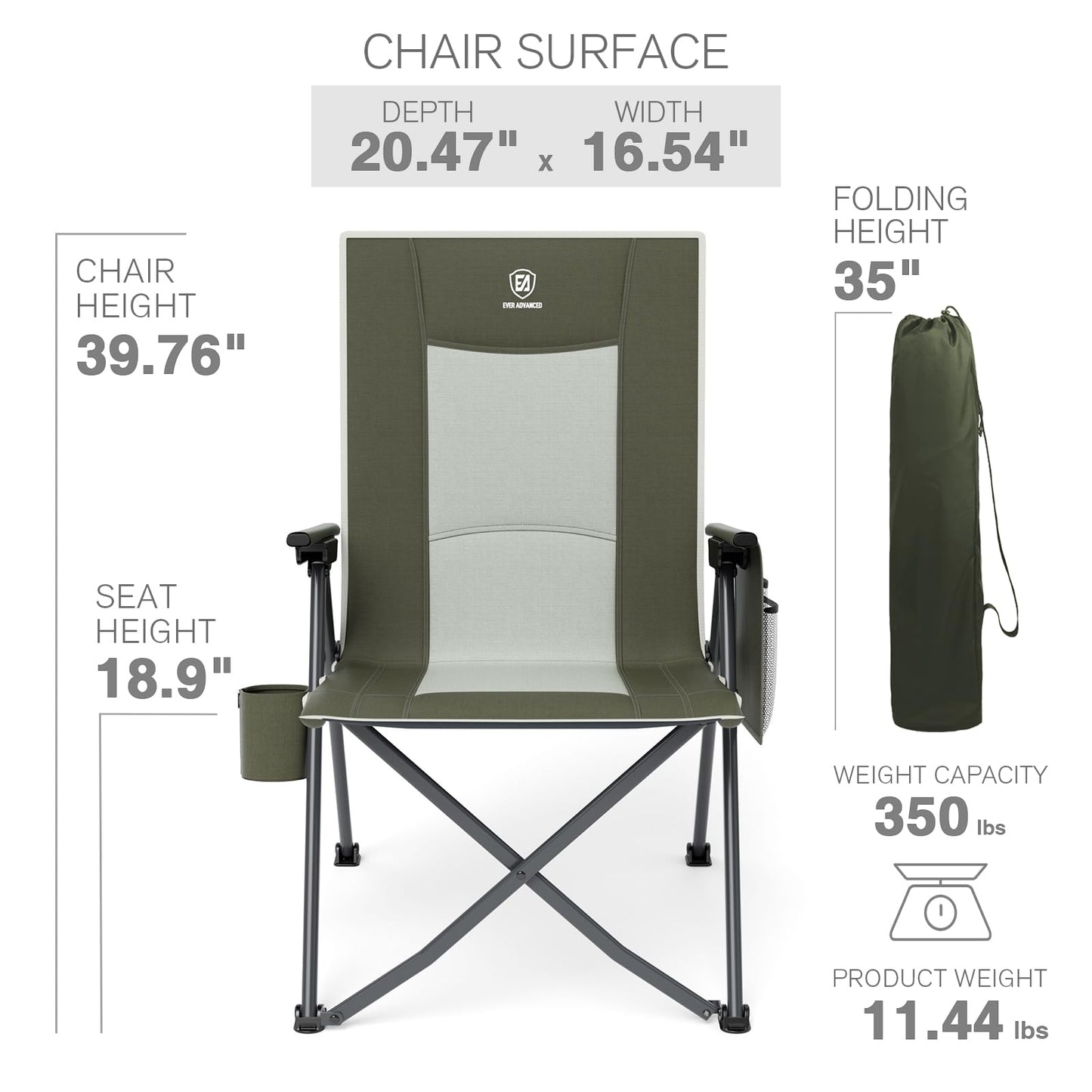 EVER ADVANCED Reclining Camping Chairs for Adult Lightweight, Folding Recliner Chair with Adjustable Back, 4-Level Lounge Chairs, Portable Lawn Chairs for Patio Balcony, Supports 350lbs Green