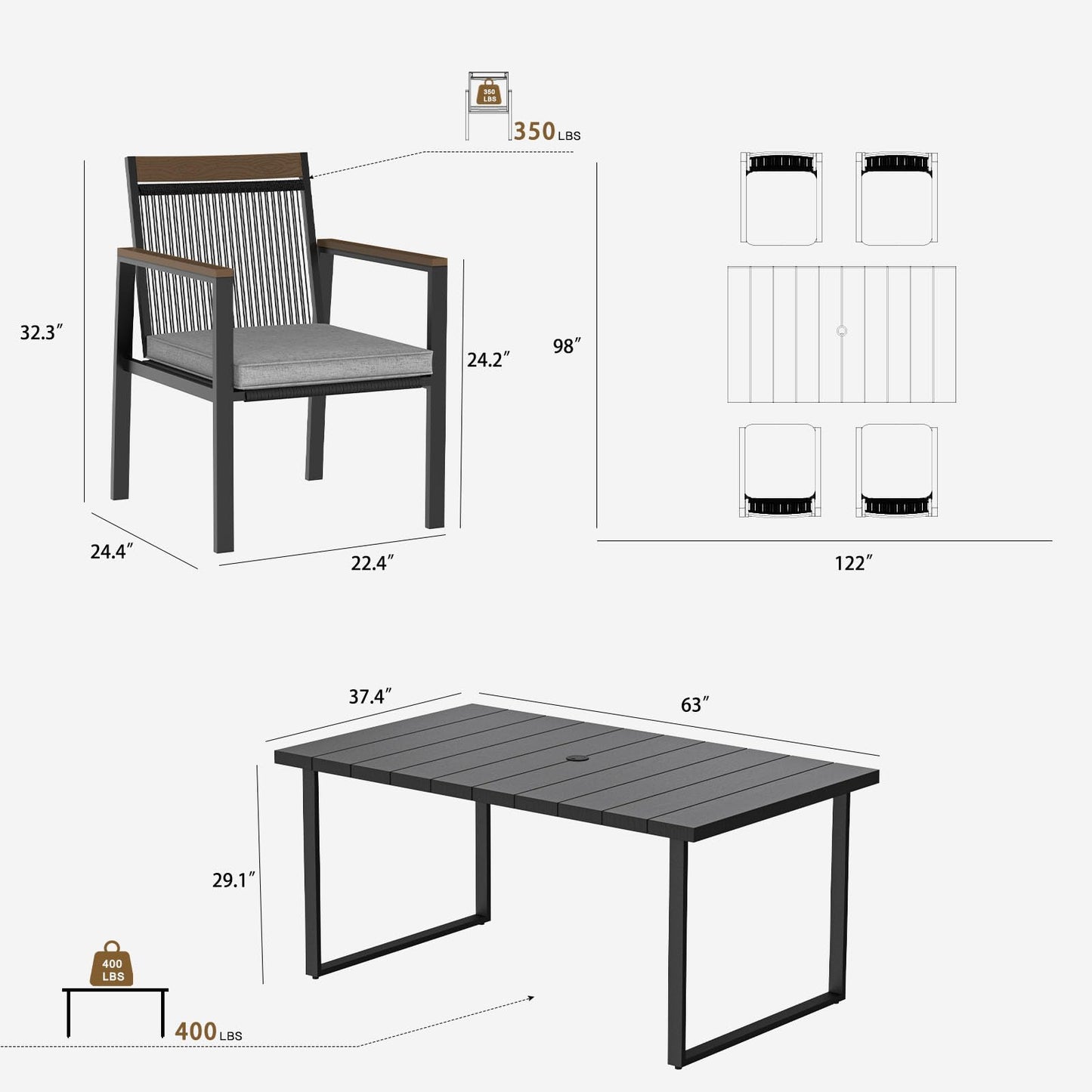 YOEEMZ 5-Piece Patio Dining Table and Chair Sets, Outdoor Metal Dining Furniture Set with Umbrella Hole, Wood Grain Tabletop, 4 Rope Patio Chairs with Faux Wood Armrest & Cushions for Backyard, Deck