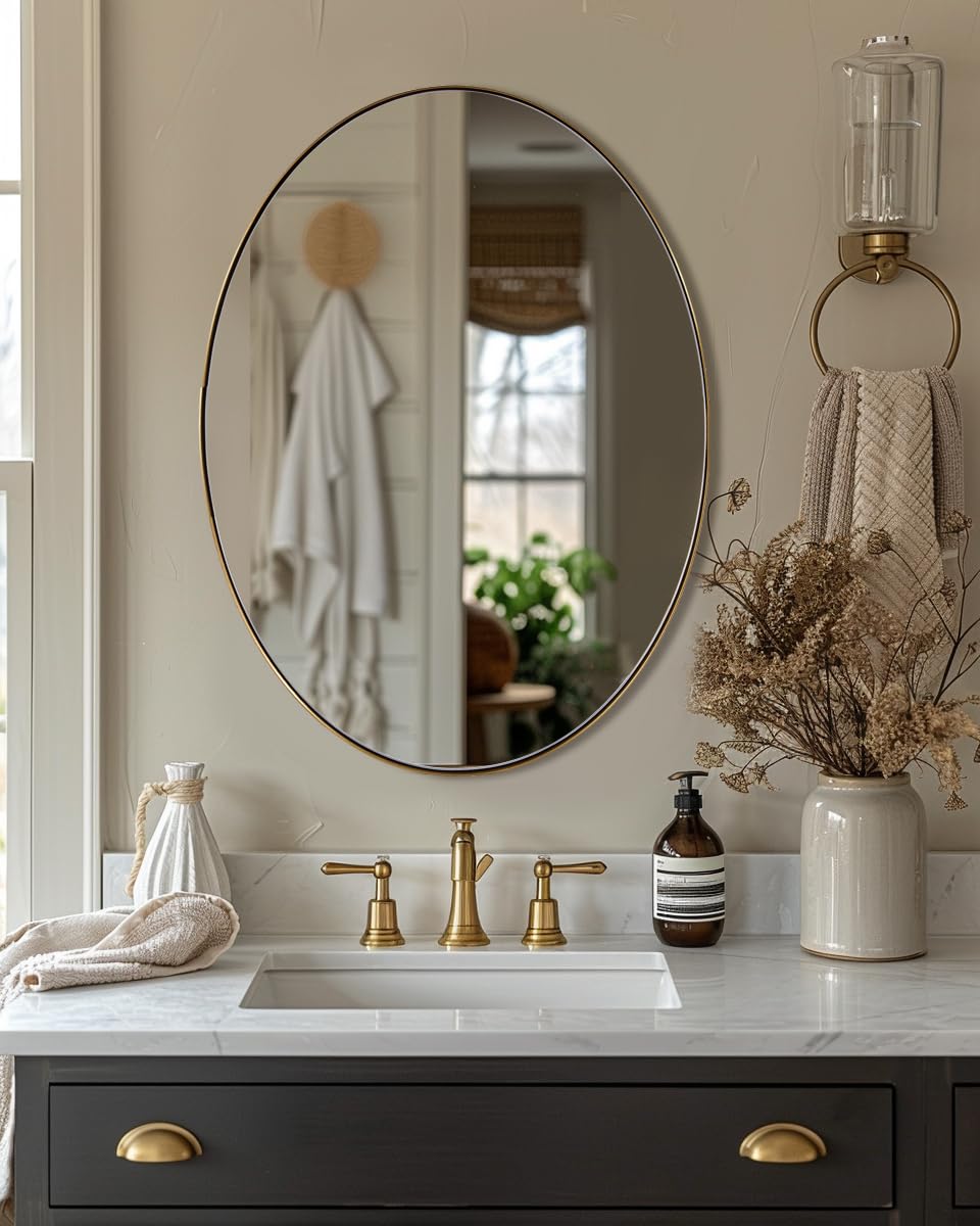 ANDY STAR Oval Gold Mirror, 22x30'' Brushed Gold Oval Mirror for Bathroom, Oval Wall Mirror for Btahroom Gold Vanity Mirror in Stainless Steel Frame Wall Mount Horizontal or Vertical
