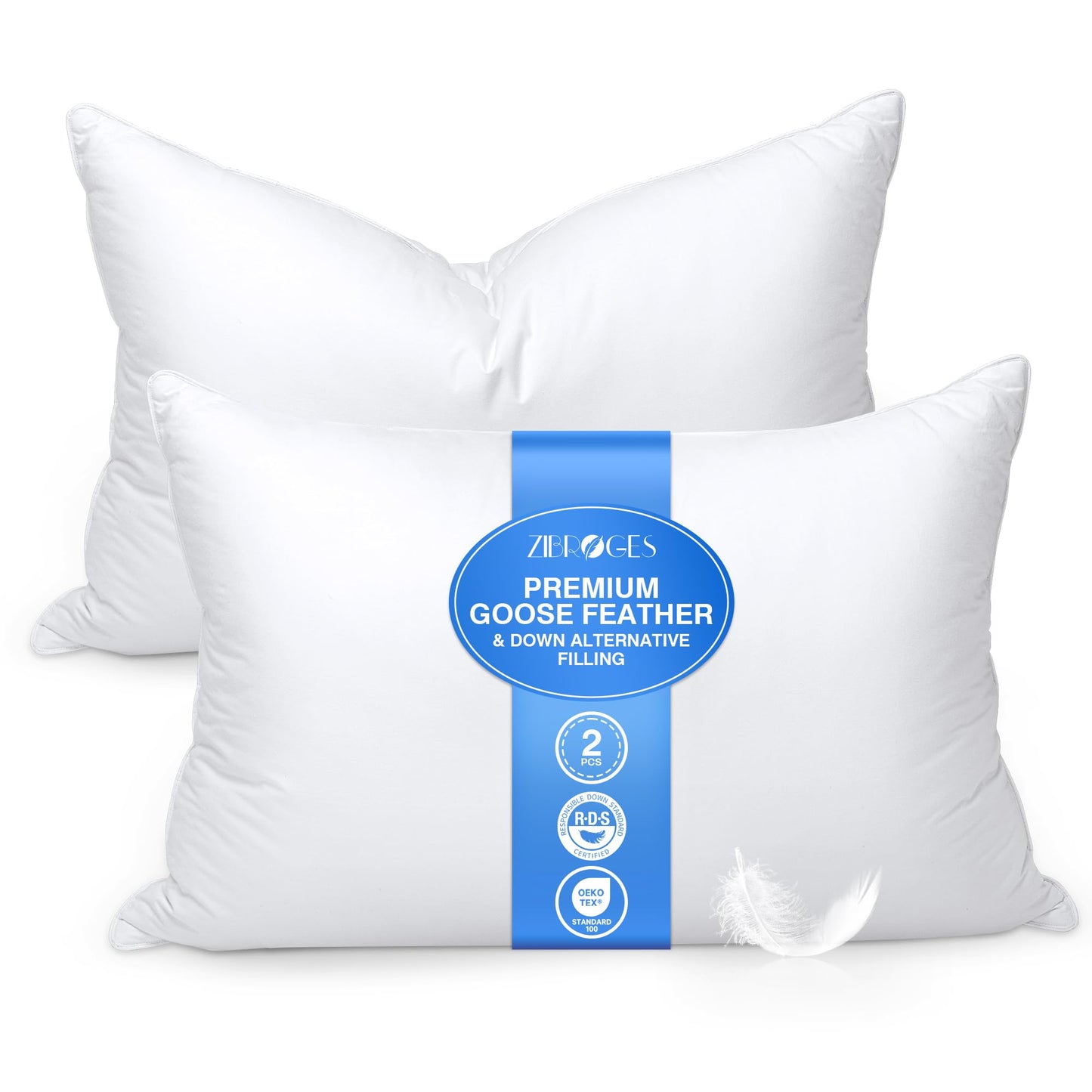 zibroges Goose Feather Pillow Queen Size Set of 2 - Down Hotel Bed Pillows for Sleeping, Soft 600 Thread Count Cotton Cover, Fluffy Support Surround Fill Polyester for Back, Stomach, Side Sleepers