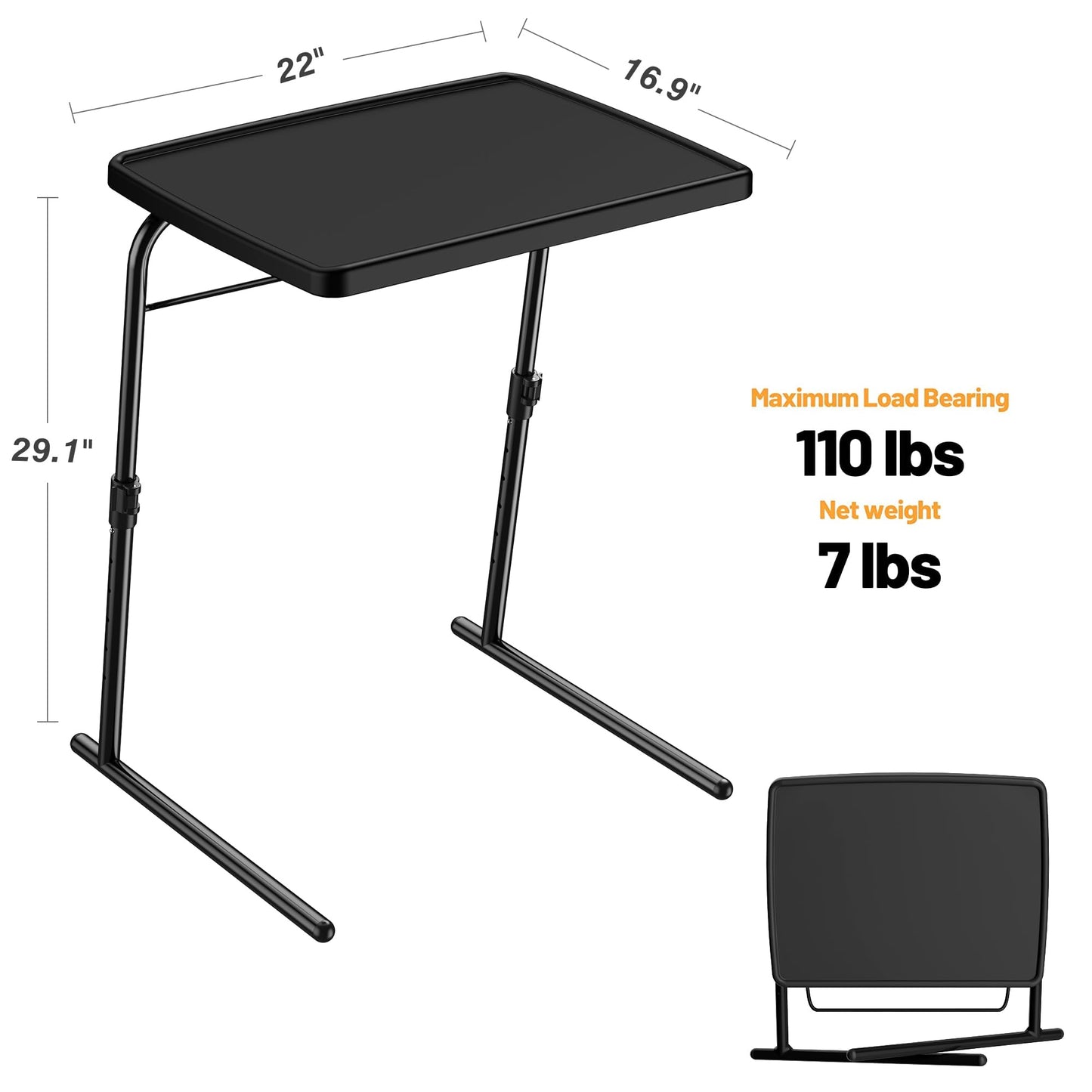 Max TV Tray Table, Allpop Adjustable Large TV Tray for Eating, Folding Dinner Laptop Table on Couch & Bed with 6 Heights & 3 Tilt Angles, Black