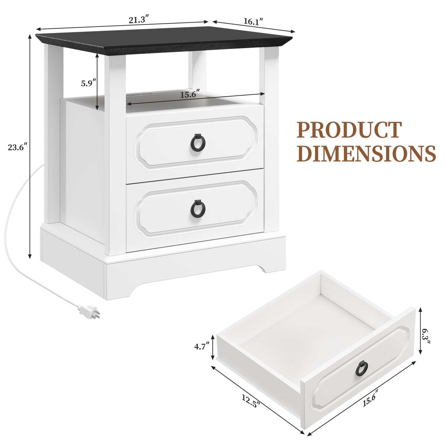 Concho 21.3" Farmhouse Nightstand with Charging Station, Modern End Table with 2 Drawers & Open Shelf, Wood Side Table with Storage, Large Bedside Cabinet for Bedroom, White