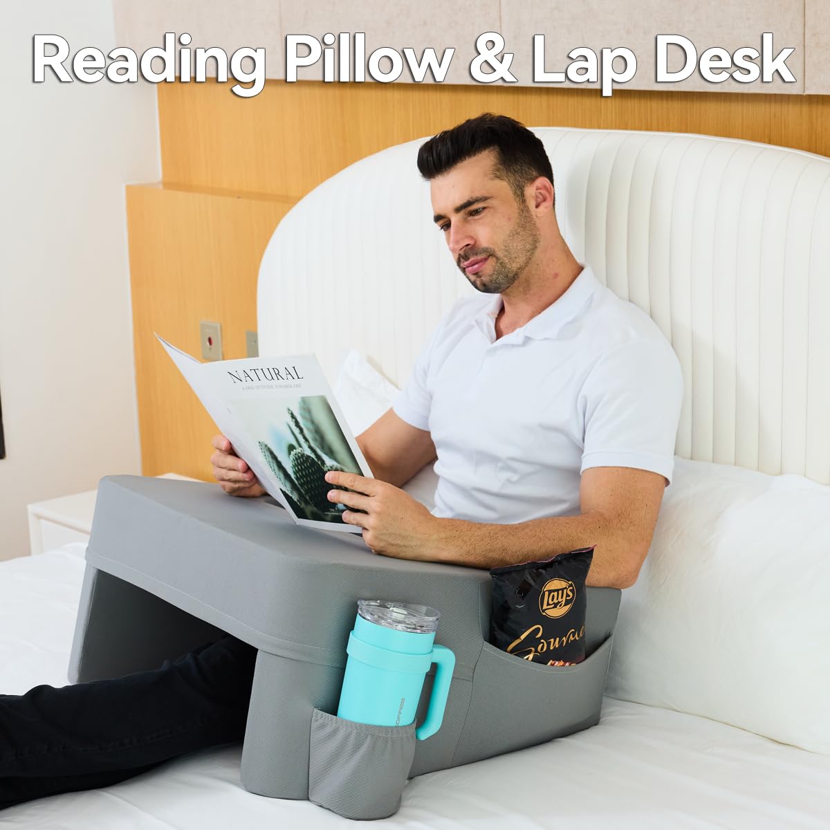 septsun Reading Pillow for Gaming,Soft Lap Desk Pillow for Laptop,Ultimate Lap Pillow with Cup Holder Pocket,Comfort Laptop Lap Desk for Bed Couch Car (Gray, Large)