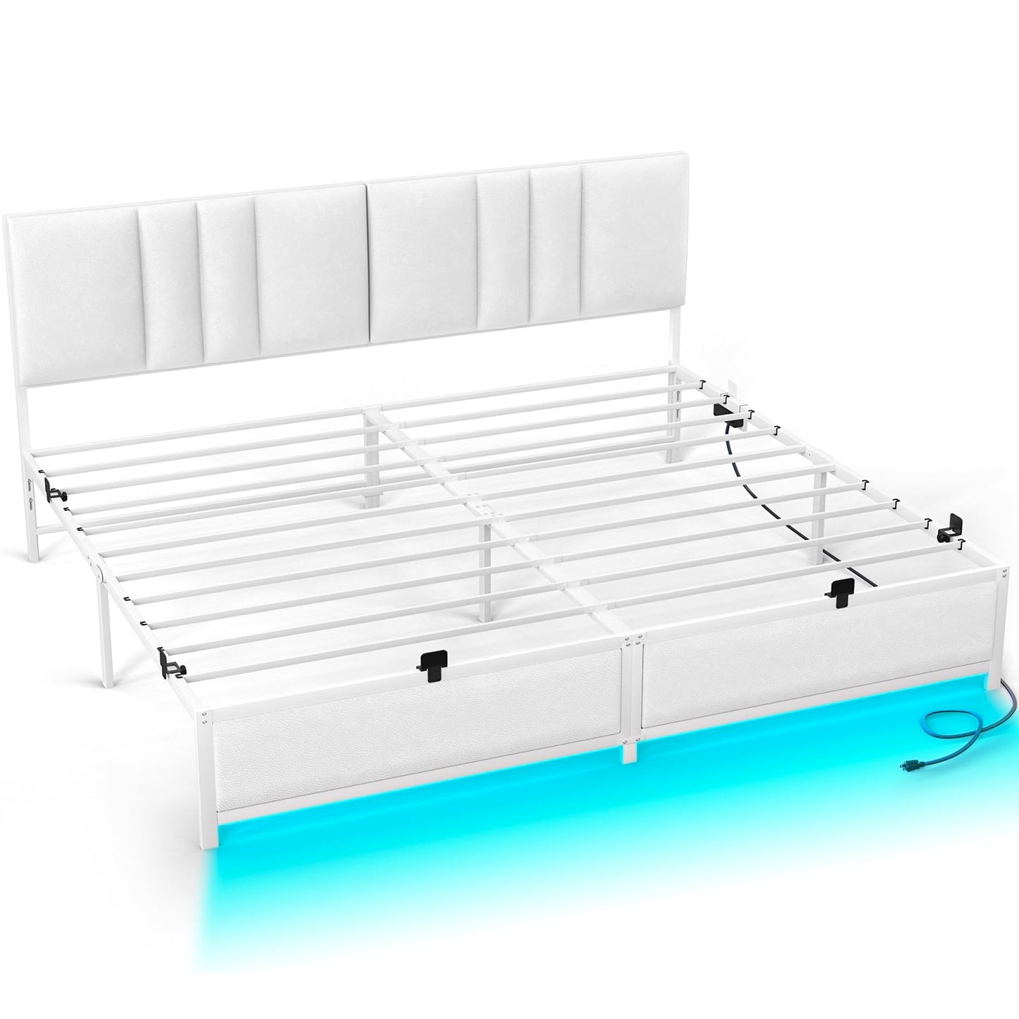 Cyclysio King Metal Bed Frame with Headboard, King Size Bed Frame with Charging Station and LED Lights, Height Adjustable PU Leather Headboard, Strong Metal Slats Support, No Box Spring Needed, White