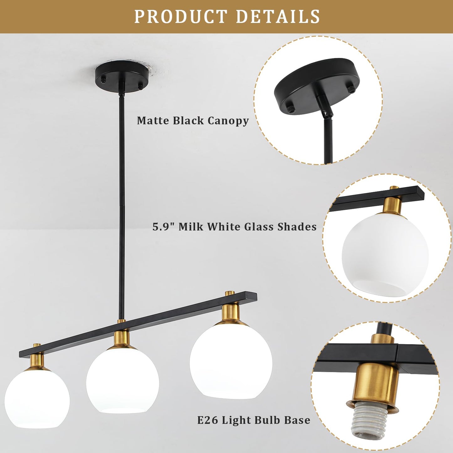 Black and Gold Chandeliers for Dining Room Chandelier Over Table 3-Light Kitchen Island Lighting with Glass Shades Linear Pendant Lighting Fixture Modern Island Lights for Kitchen Table Foyer Bar