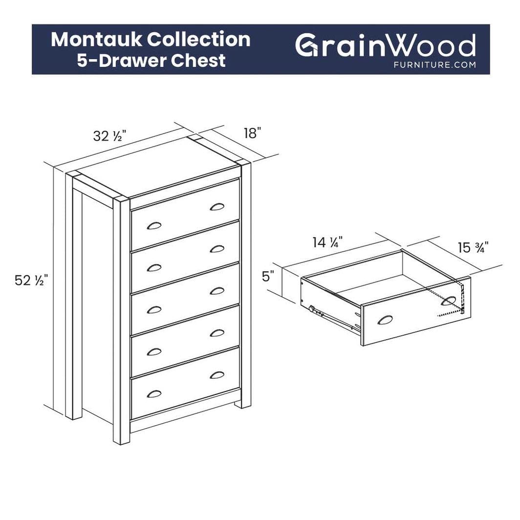 Grain Wood Furniture Montauk 5-Drawer Chest, Solid Wood with a Rustic Grey Finish