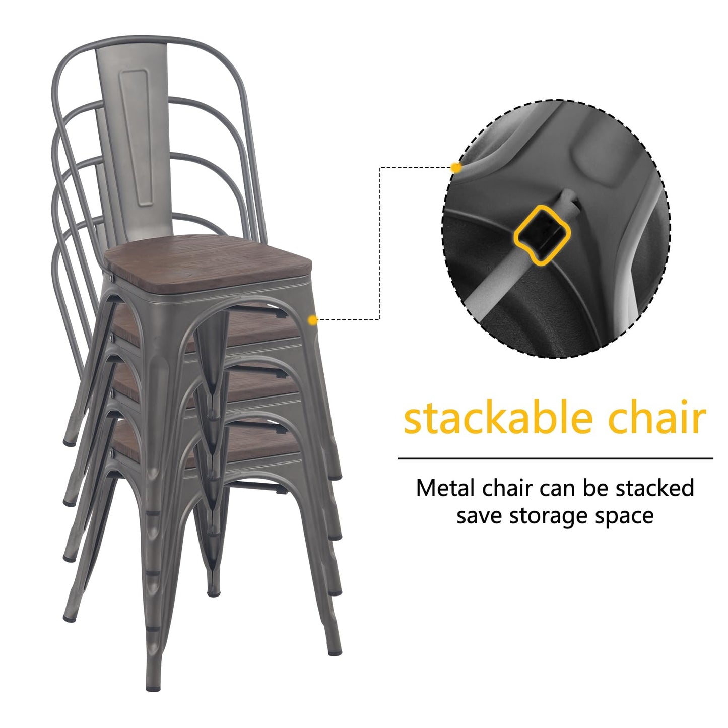 YOUNIKE Metal Dining Chairs Set of 4 Iron Stackable Removable Back Wood Seat Patio Chairs Rubber Feet Stylish Modern Indoor Outdoor Classic Chic Industrial Vintage Bistro Kitchen Rusty Grey