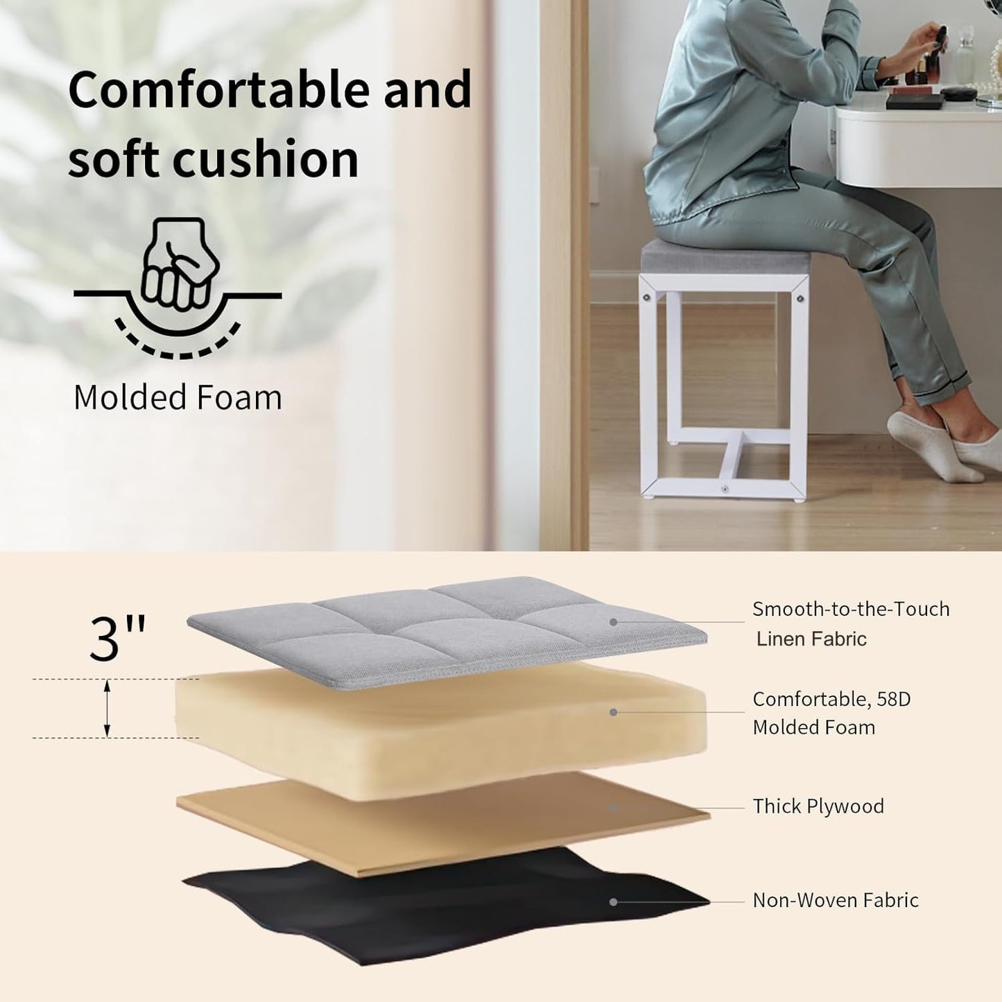 FLYZC Vanity Stool, Vanity Chair Stools for Makeup Room, Square Linen Makeup Stool for Vanity, Modern Padded Small Ottomans Foot Rest for Bedroom Living Room, Grey & White
