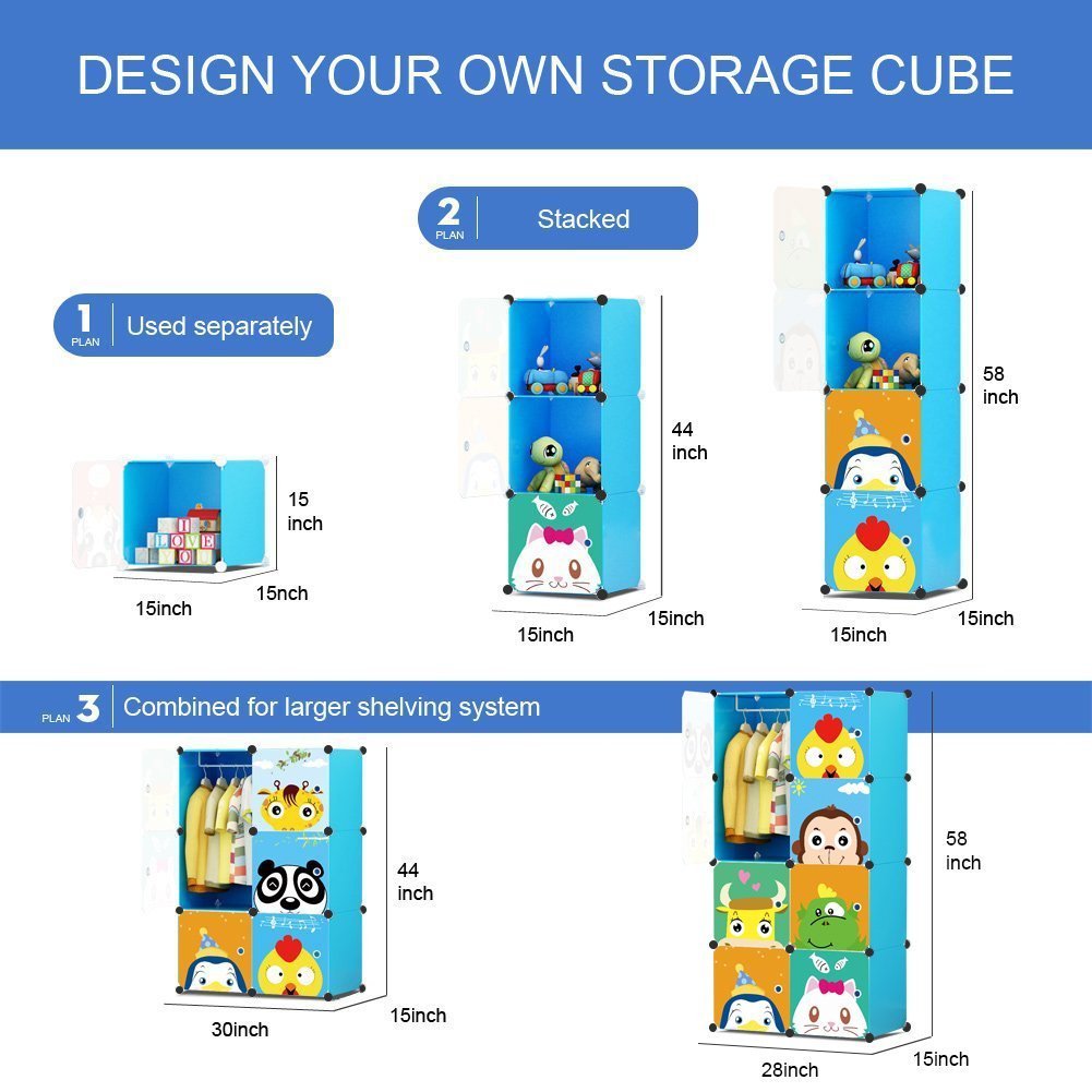 MAGINELS Children Wardrobe Kid Dresser Cute Baby Portable Closet Bedroom Armoire Clothes Hanging Storage Rack Cube Organizer(Blue, 6 Cube & 1 Rod)