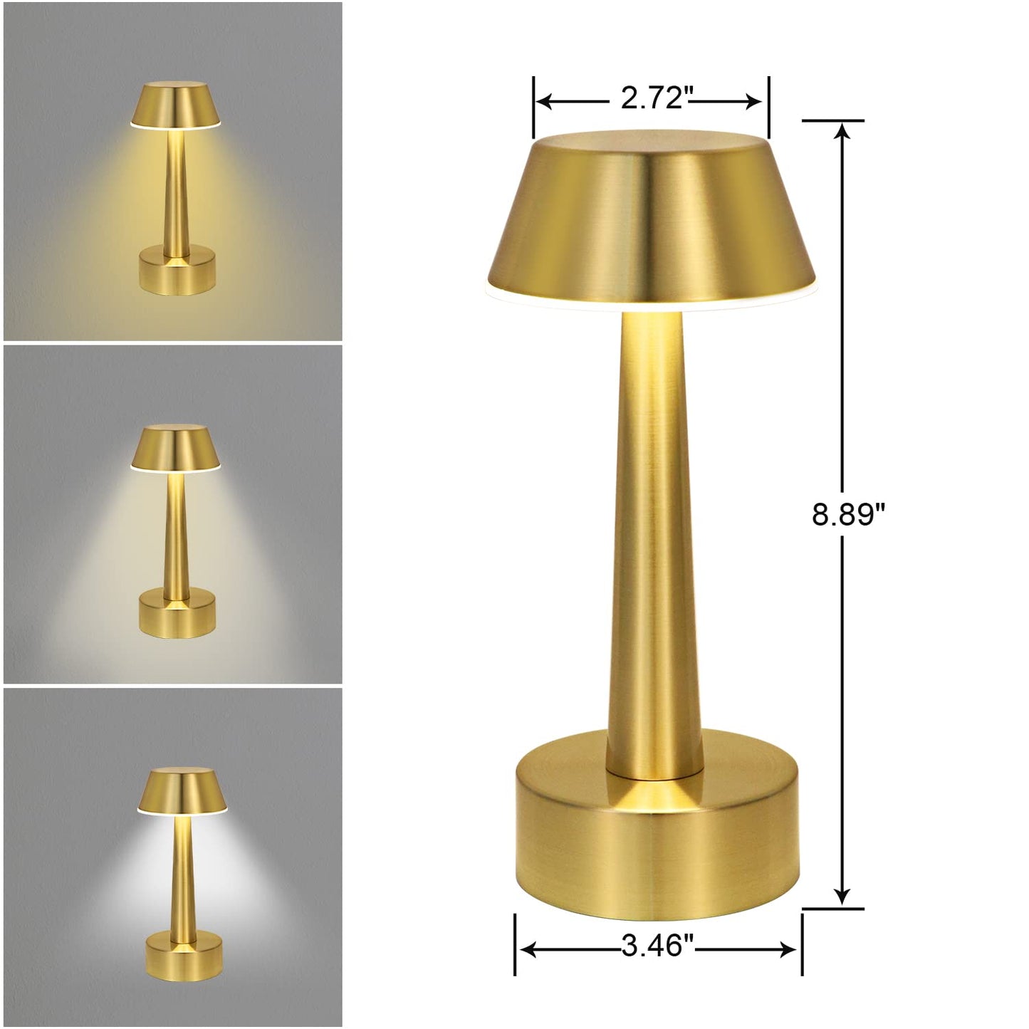 UMEXUS Cordless Small Table Lamp for Bar Restaurant, Rechargeable Battery Operated Touch Lamps, Gold 3-Way Dimmable Metal Portable Bedside Mini Night Light for Outdoor, Home Decor