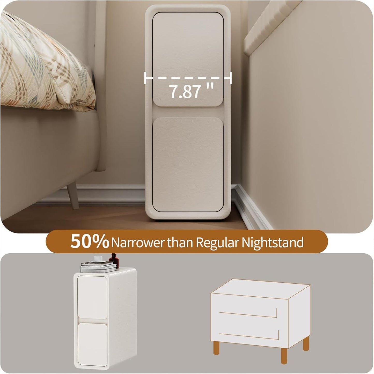 Narrow Nightstand with 2 Drawers, Wood Small Night Stand with Leather Surface for Bedroom, Small Side End Table, Modern Bedside Tables for Bedroom, White