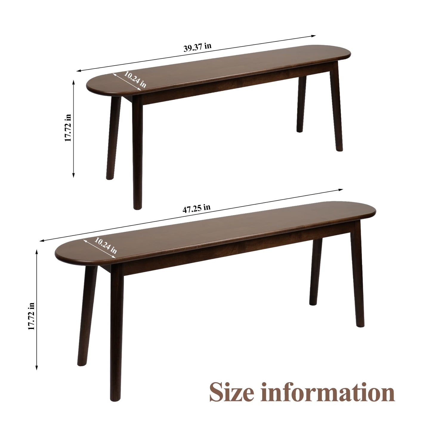 Cttasty Entryway Bench, Solid Wood Dining Bench, Midcentury End of Bed Bench w/Rounded Corner, Outdoor Bench w/Robust Construction, Bedroom Bench, 10.24" W x 17.72" H（Walnut 39.4inches）