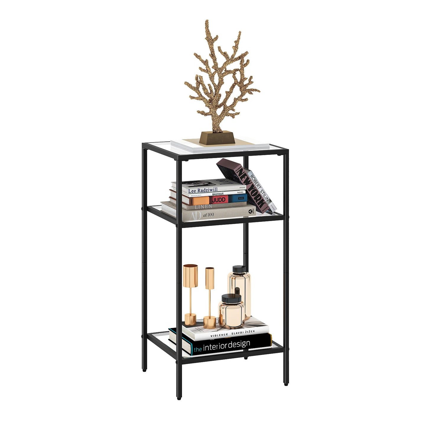 Homhedy 3-Tier Side Tables Set of 2, End Tables with Tempered Glass, Nightstands with Storage Shelves, Slim Sofa Tables for Living Room, Bedroom (2, Black)