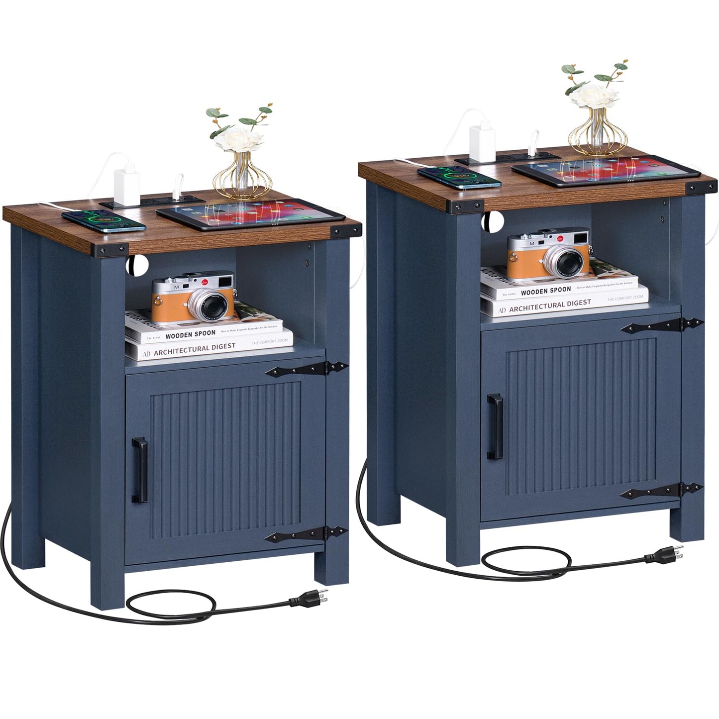 Joaxswe Night Stand Set of 2, 18 Inch Farmhouse Nightstand with with Charging Station and USB Port, Rustic Couch End Table with Magnetic Door, Wood Bed Side Tables for Bedroom, Home, Navy Blue